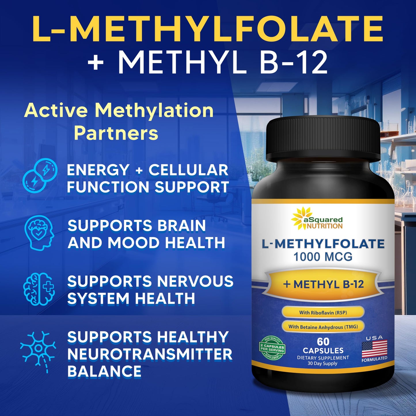 aSquared Nutrition L-Methylfolate Plus Methyl B12 - Methylated Folate Supplement for Women & Men - 5-MTHF (Active Vitamin B9) 1000 mcg & B-12 1mg - B Complex - 60 Capsules