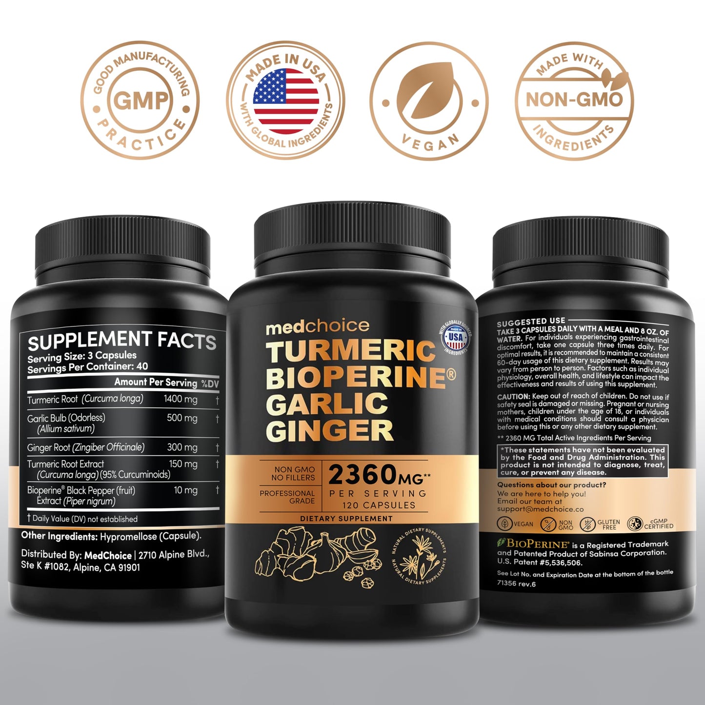MEDCHOICE Turmeric Joint Support with Garlic and BioPerine Capsules, 120 Count