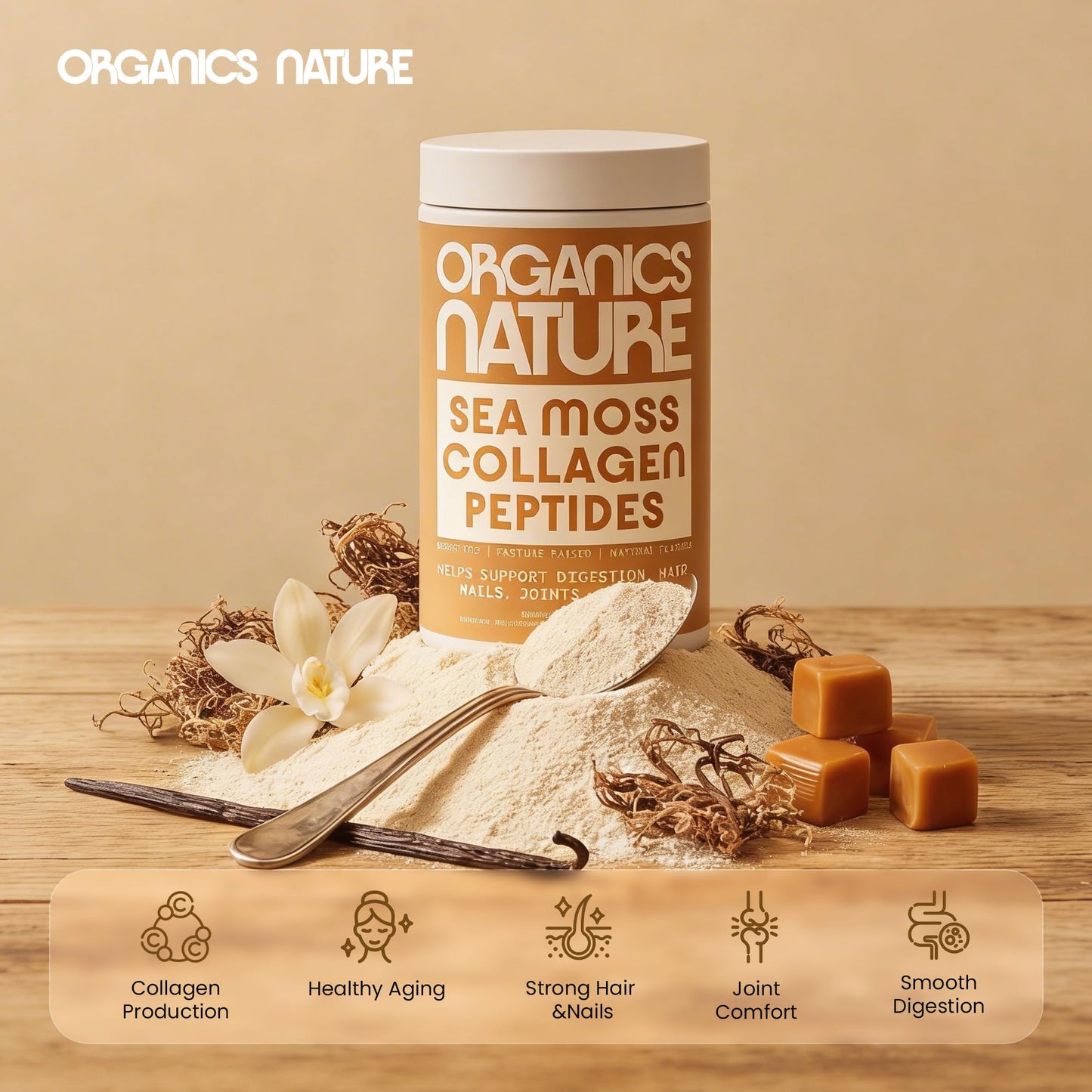ORGANICS NATURE Collagen Peptides Powder with Irish Sea Moss Vanilla Caramel Flavored, Naturally Sourced Hydrolyzed Collagen with Biotin for Hair, Skin, Nail, and Joint Support, 13.9 oz