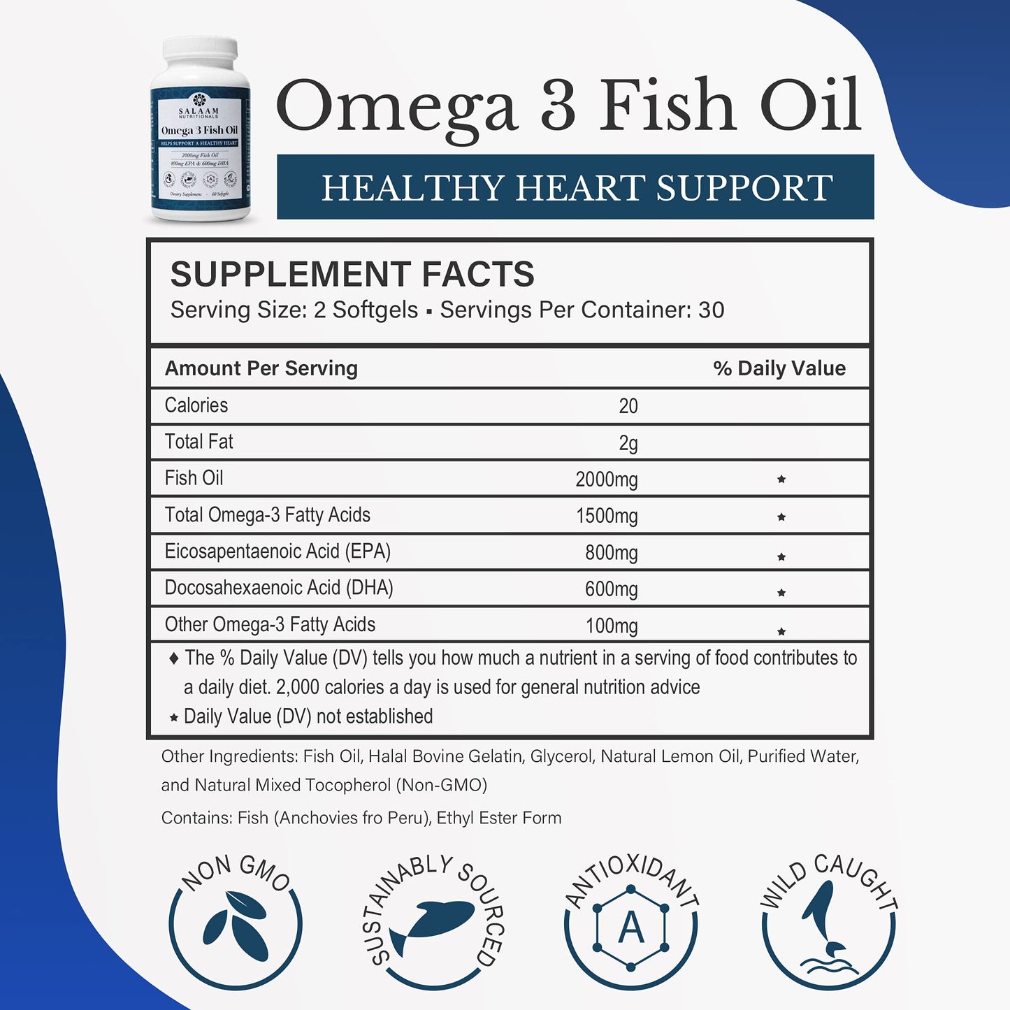 Salaam Nutritionals Halal Fish Oil Burpless Omega-3 DHA+EPA 2000mg Softgel, 60 Count