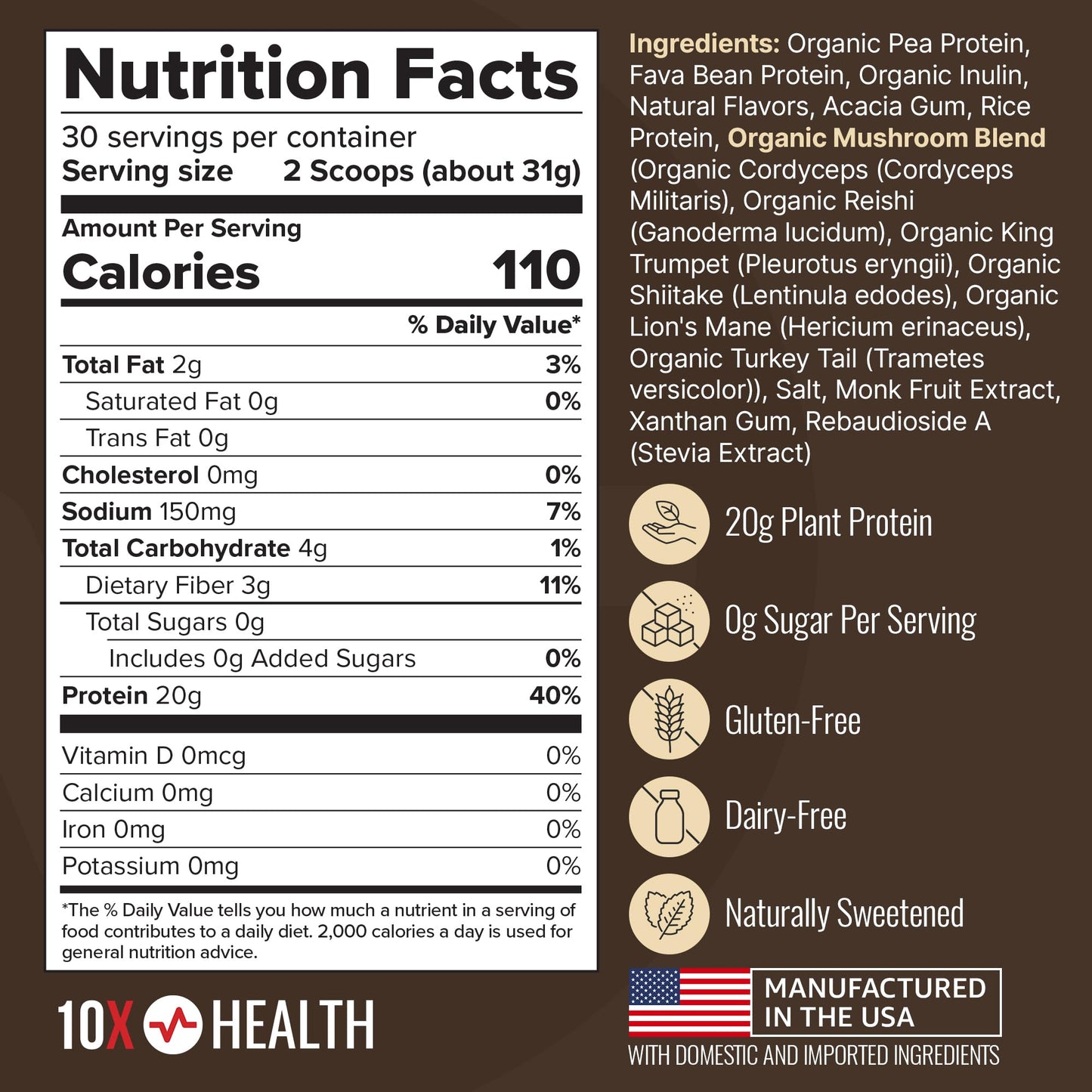 10X Health System Vegan Protein Powder, Plant-Based Protein Powder, 37 Servings