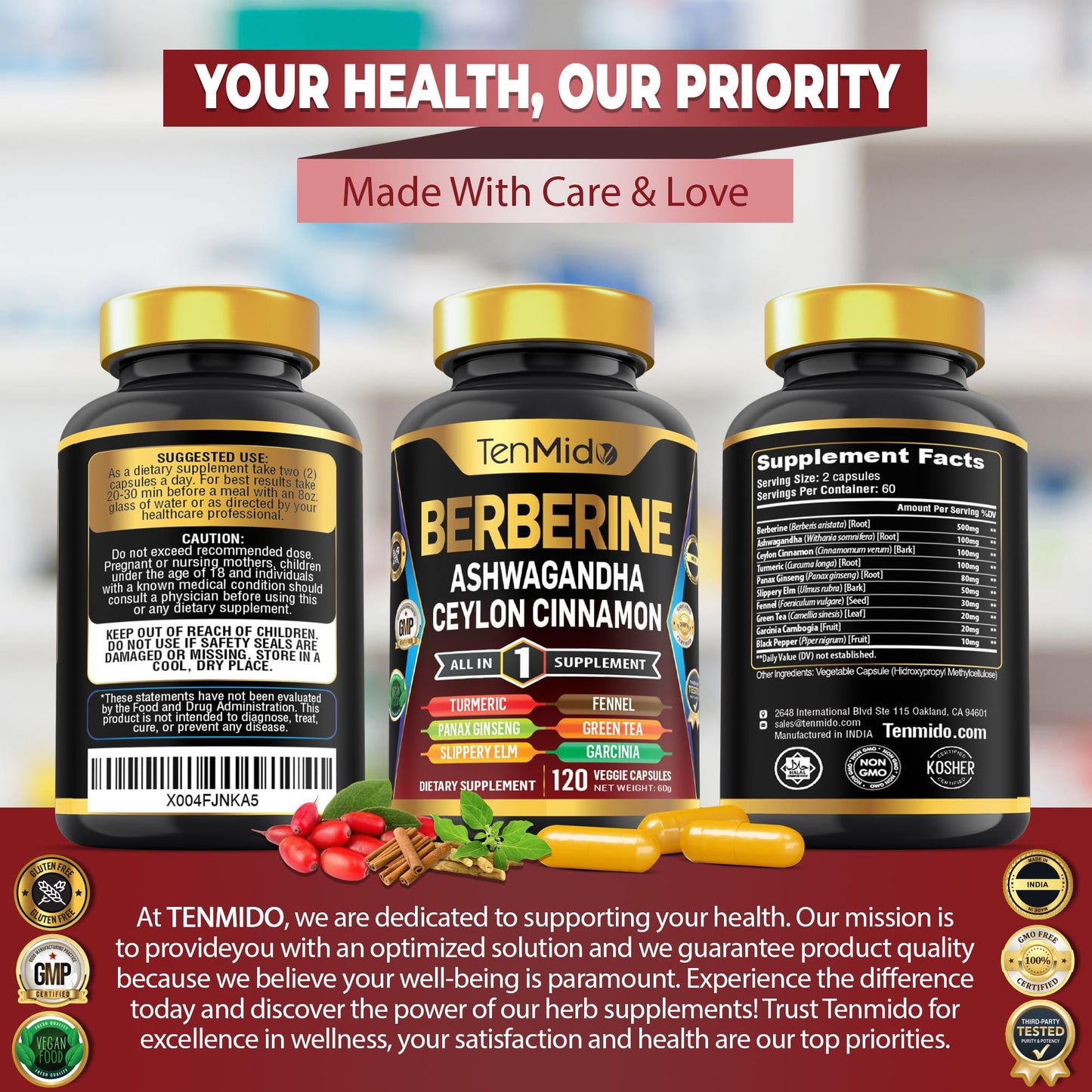 Tenmido Berberine Supplement Capsule, 120 Count