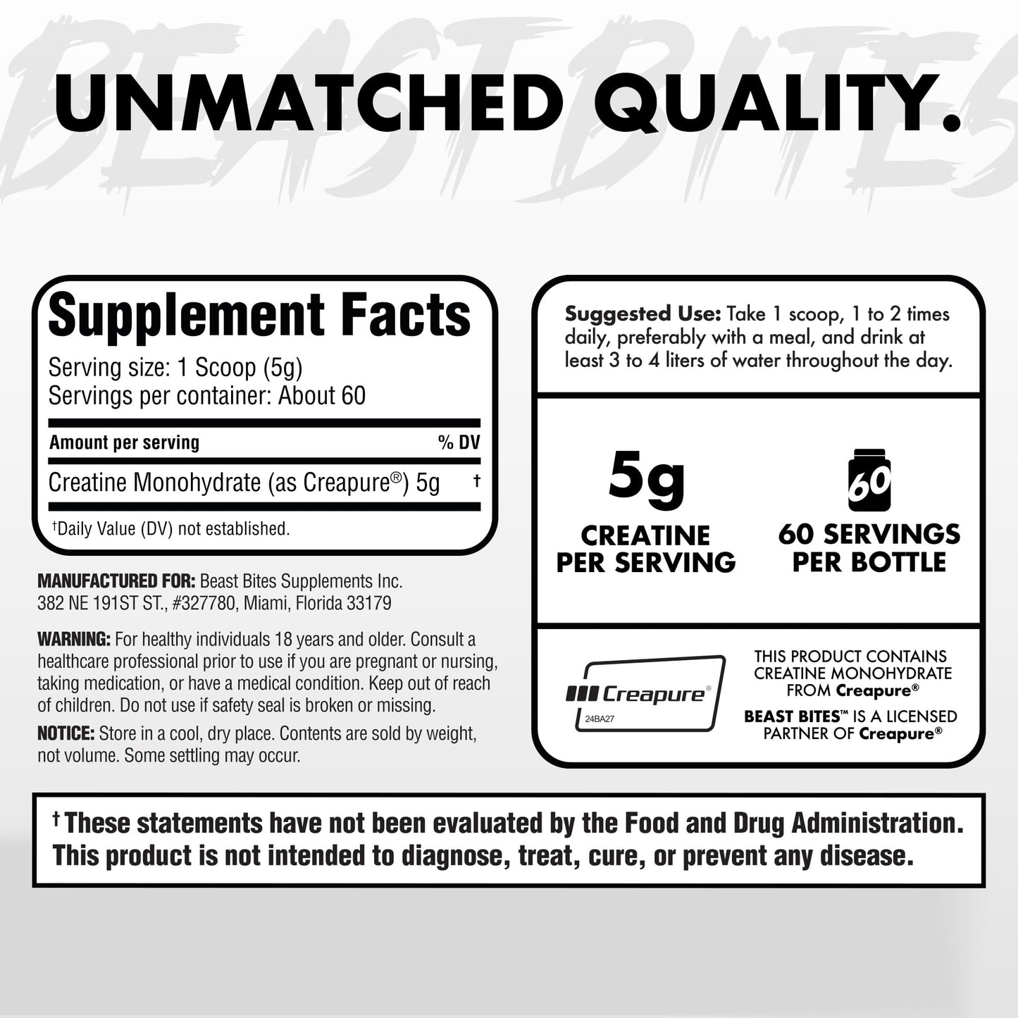 BEAST BITES Creatine Monohydrate Powder, 10.58 oz, 60 Servings