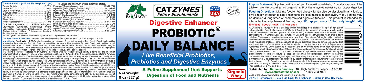 CATZYMES Probiotic Daily Balance Prebiotics, Enzymes 5 Billion CFU Powder, 8 Ounce