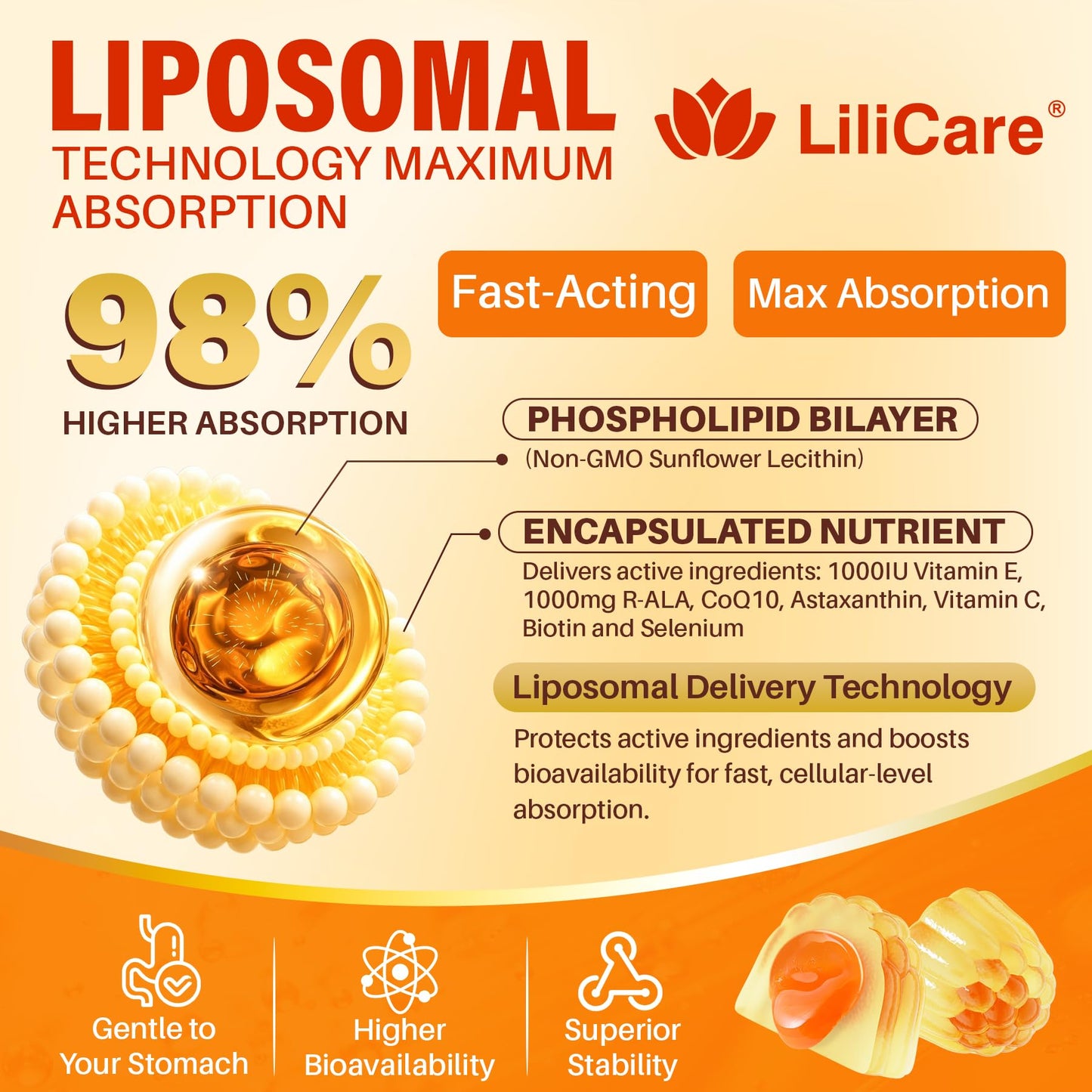 LILICARE Natural Liposomal Vitamin E 1000 IU Gummies, 60 Count