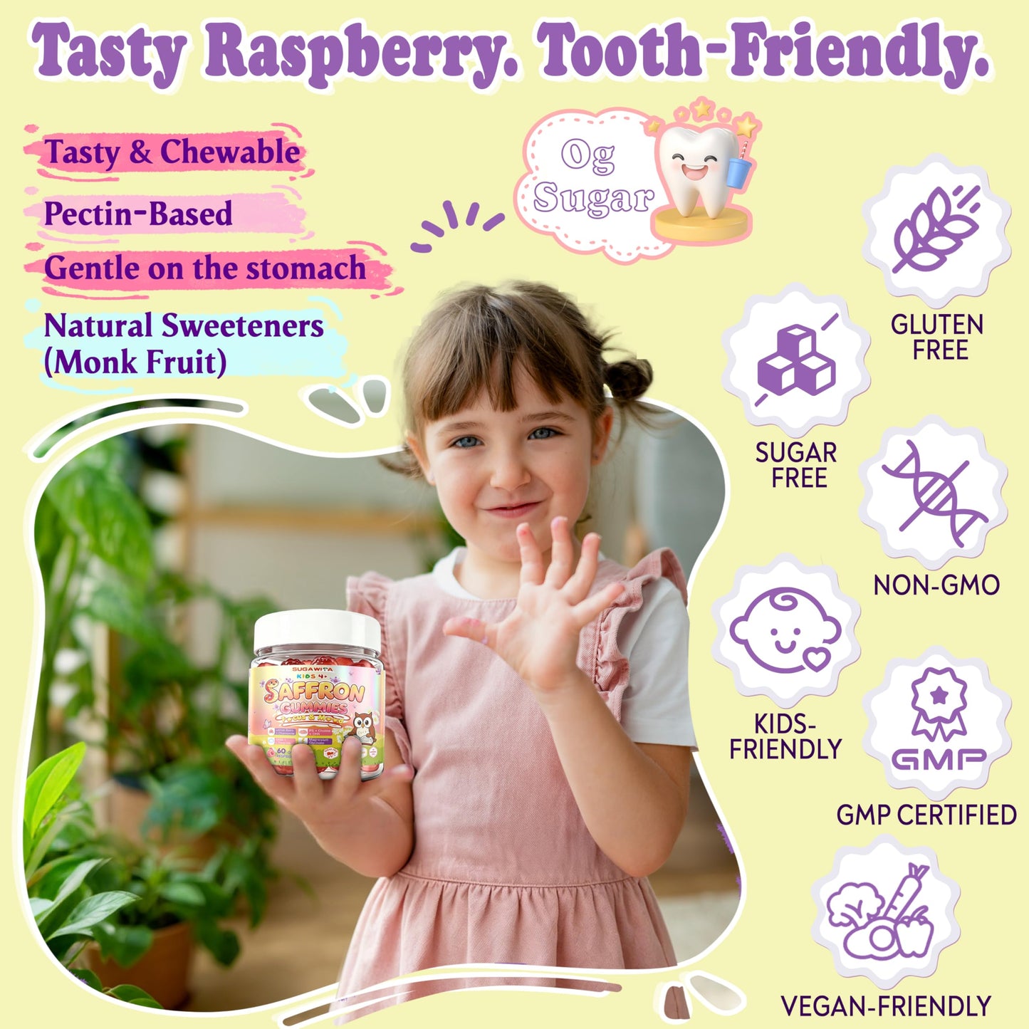 SUGAWITA Saffron Gummies Kids Teen 14in1 30mg Saffron Extract No Sugar, 60 Gummies