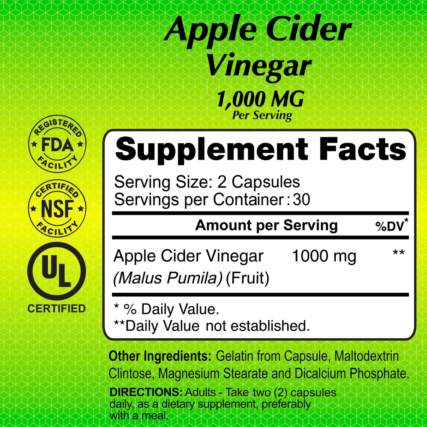ALFA VITAMINS Apple Cider Vinegar 1000 mg Daily Wellness Supplement, 120 Capsules