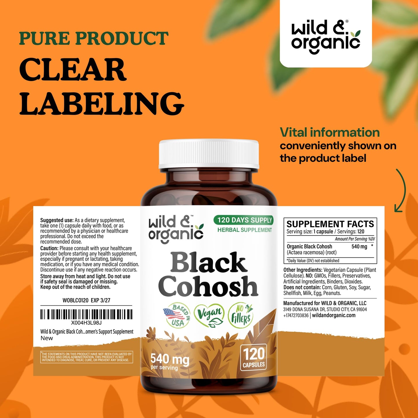 Wild & Organic Black Cohosh 540 mg Capsules, 120 Count