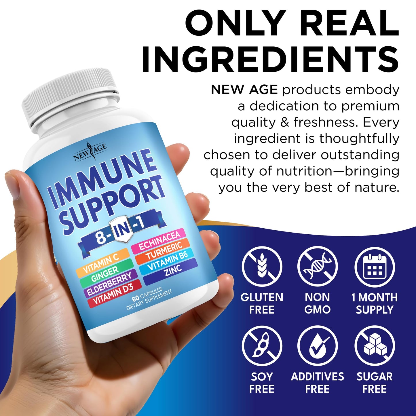 NEW AGE Immune Support Booster with Echinacea, Vitamin C & Zinc, Vitamin D 5000 IU, Turmeric Curcumin & Ginger, B6, Elderberry Capsules, 180 Capsules