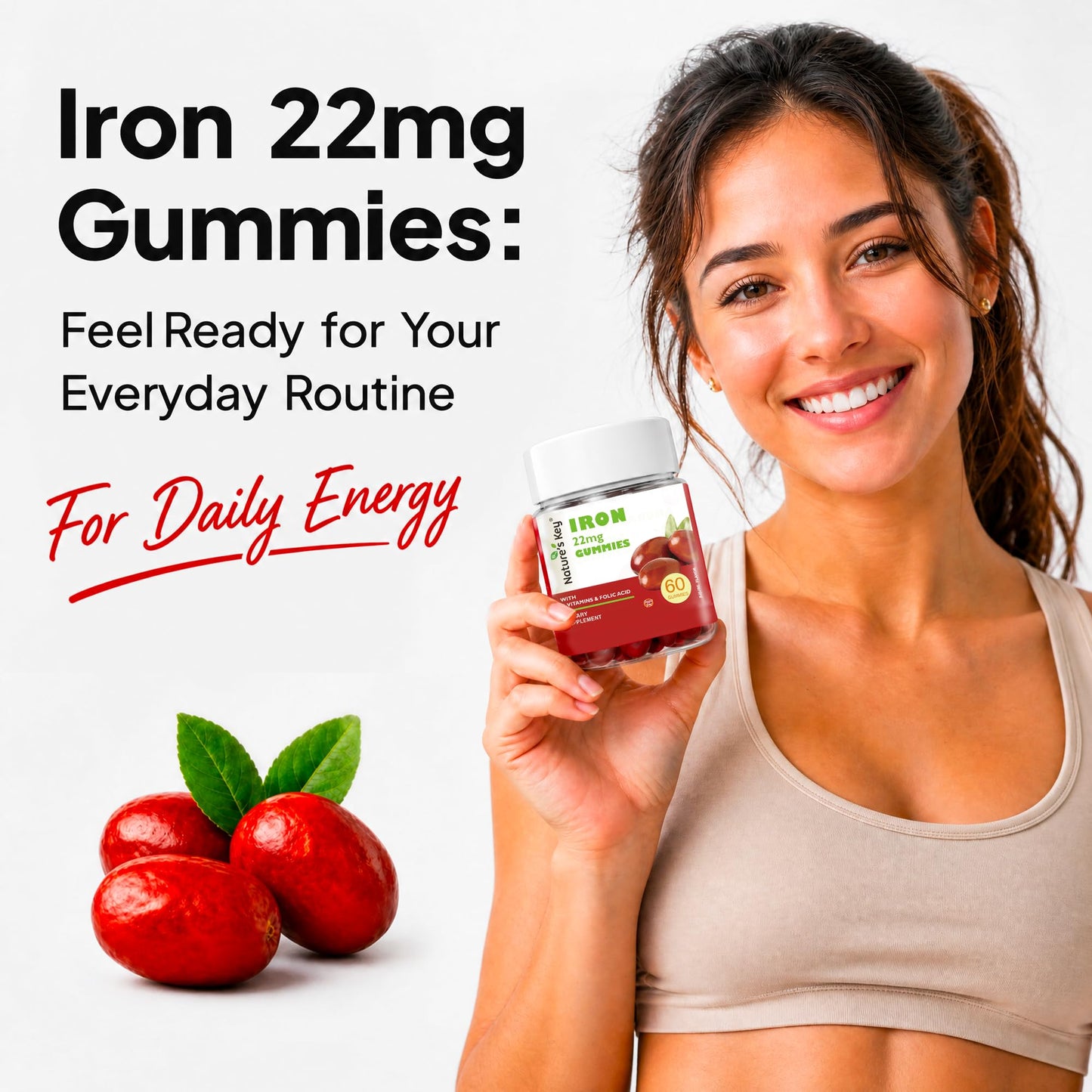 Nature's Key Iron Gummies 22mg Iron Supplement with Folic Acid, B6 & B12, Gummy, 60 Count