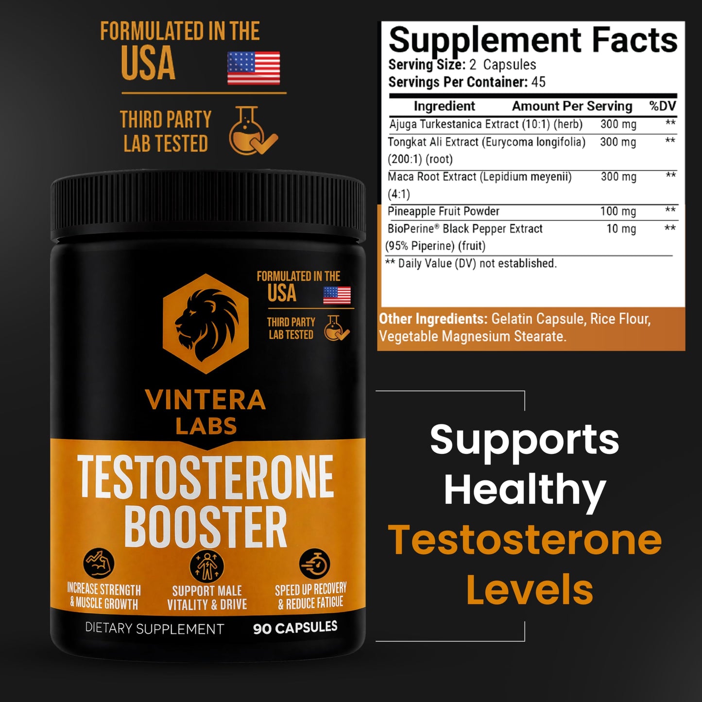VINTERA LABS Testosterone Booster for Men, High Potency - Tongkat Ali, Maca, Turkesterone - Stamina & Endurance Testosterone Supplement, 90 Capsules
