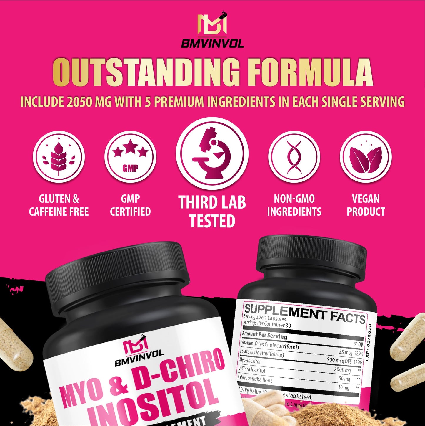 BMVINVOL Myo-Inositol & D-Chiro Inositol Capsules, 2,050mg, with Folate, Vitamin D, Hormone Balance & Ovarian Support for Women, 40:1 Ratio, 120 Capsules
