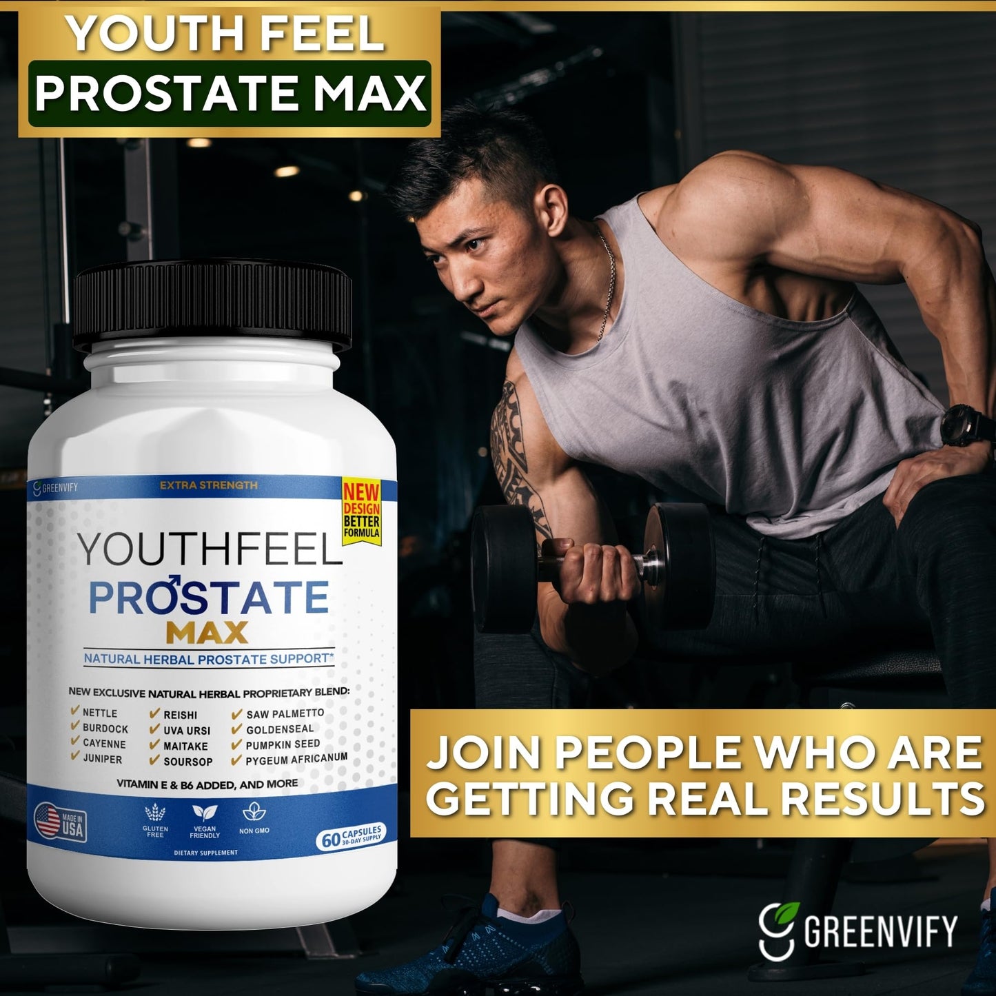 GREENVIFY Youthfeel Prostate Max Natural Herbal Support Supplement with Saw Palmetto, Vitamins E & B6 Capsules 120