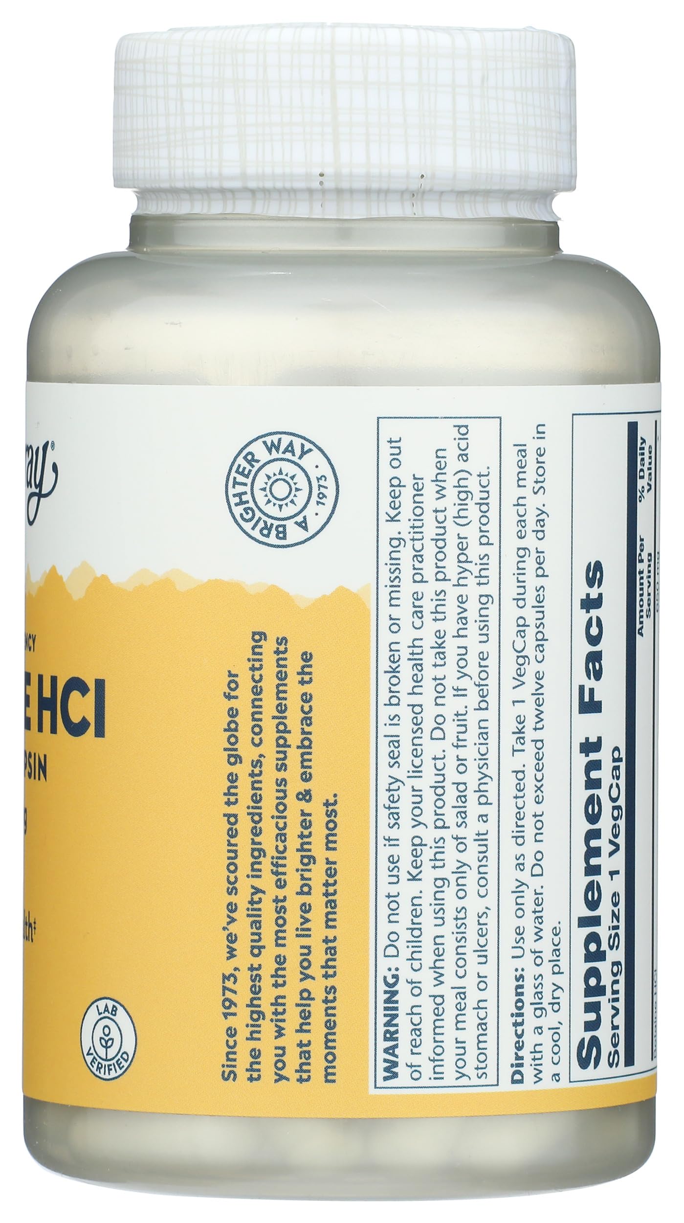 Solaray HCl Pepsin High Potency 650 mg Veggie Capsules, 100 Count