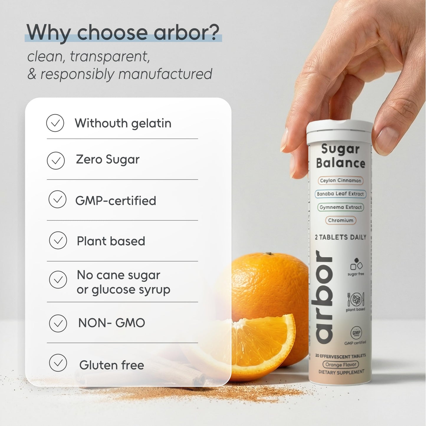 ARBOR ELEMENTS Sugar Balance Tablets – Plant-Based Herbal Supplement with Gymnema Sylvestre, Ceylon Cinnamon, Banaba Leaf & Chromium – Sugar-Free Orange Flavor, 20 Tablets