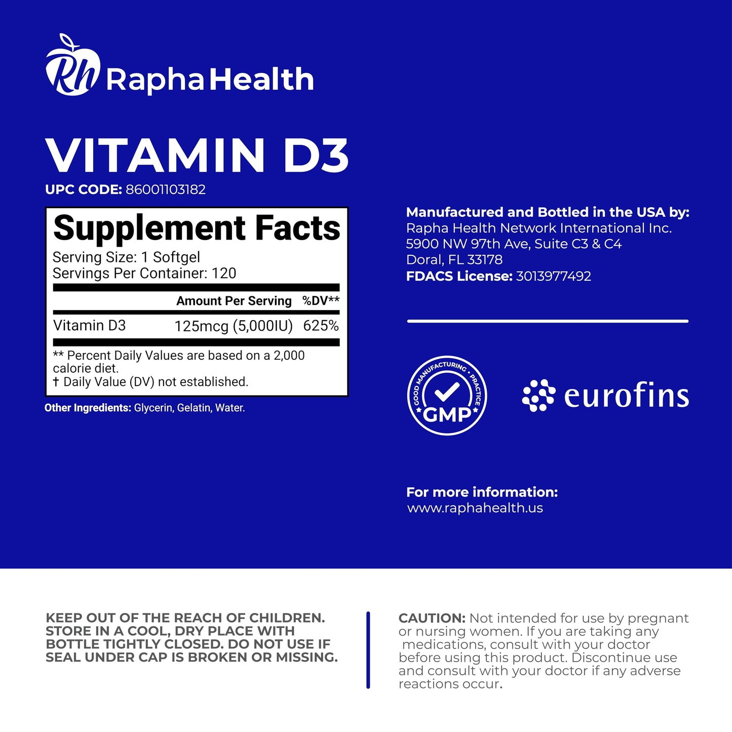 RAPHA HEALTH Vitamin D3 High Potency 5000 IU 120 Softgels