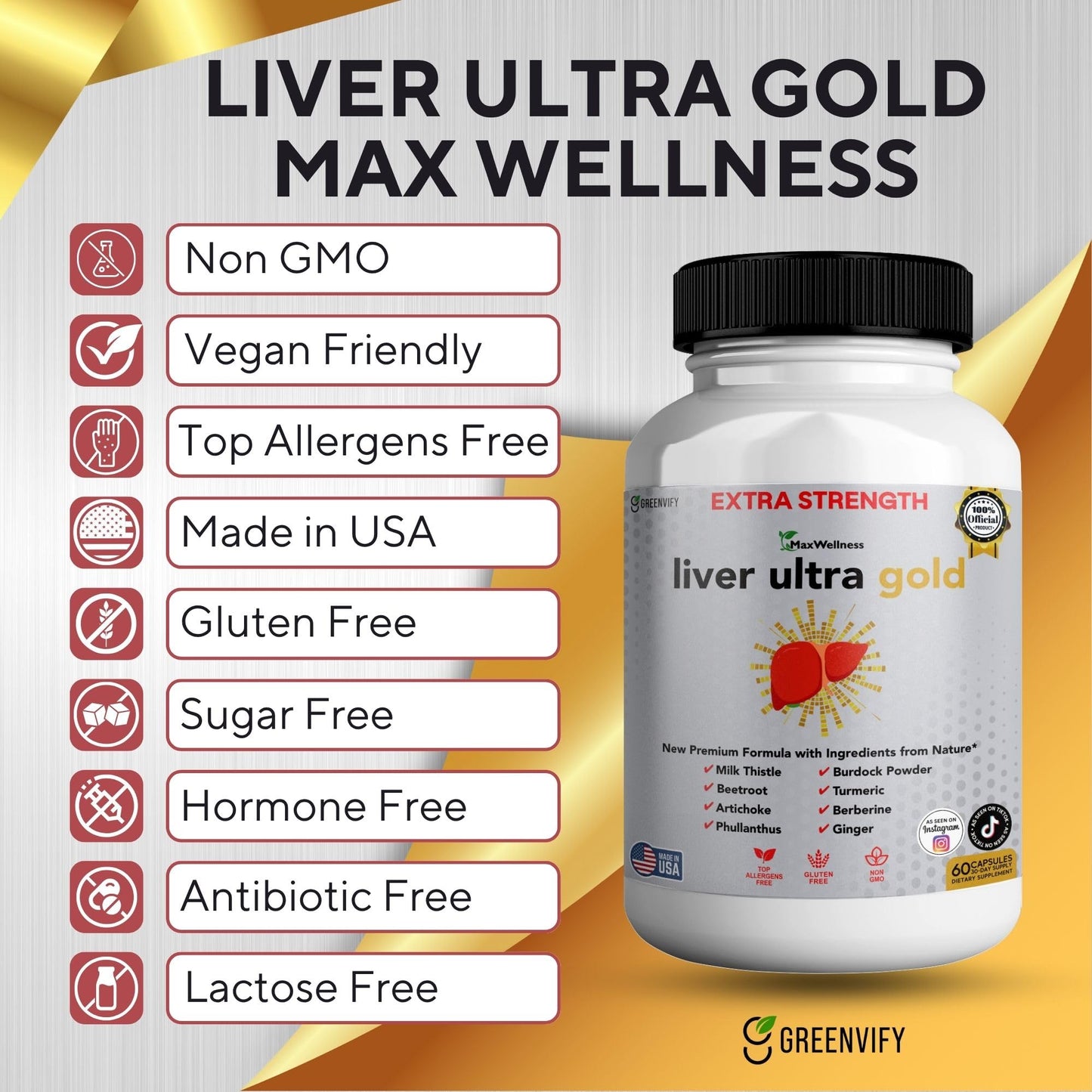 GREENVIFY Liver Ultra Gold Extra Strength Supplement Capsules 180 Count