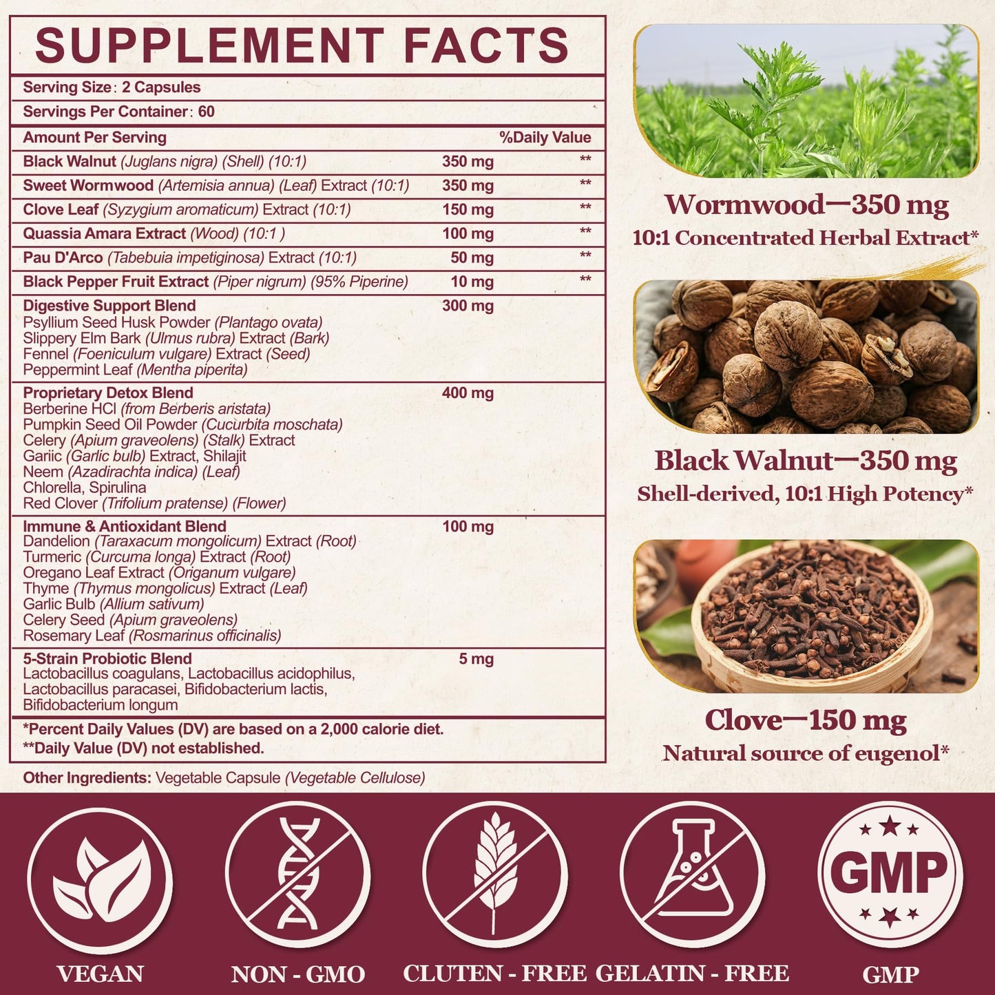 SKLIA 30-in-1 Wormwood Black Walnut Cleanse Capsules, 120 Count