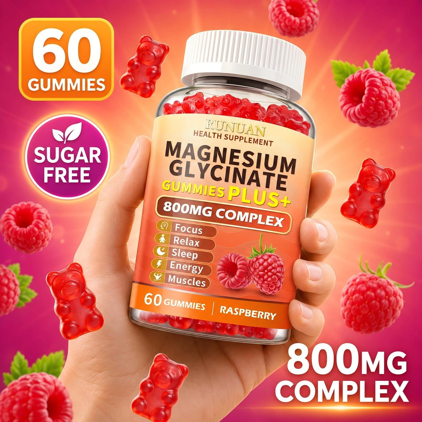 RUNUAN 800mg Magnesium Complex Gummies with Magnesium Malate Taurate L-Theanine D3, 60 Gummies