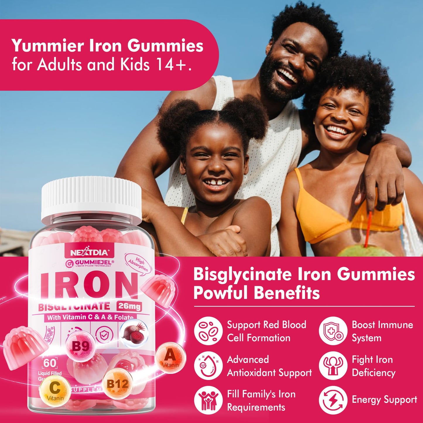 Nextdia Iron Bisglycinate Gummies 26mg with Vitamin C, Folate, B12 & Zinc, GLP-1 Friendly, High Absorption Iron Supplement for Iron Deficiency, Immune & Energy, Sugar-Free, 60 Gummies