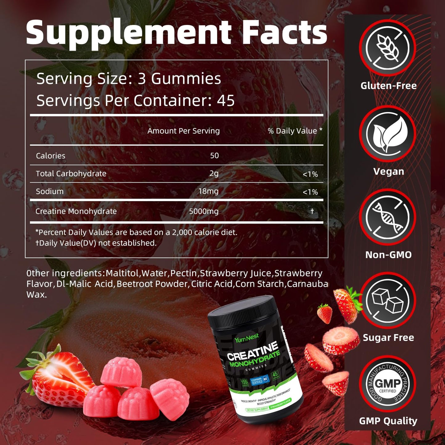 YumNest Creatine Monohydrate Gummies 5000 mg Gummy 135 Count