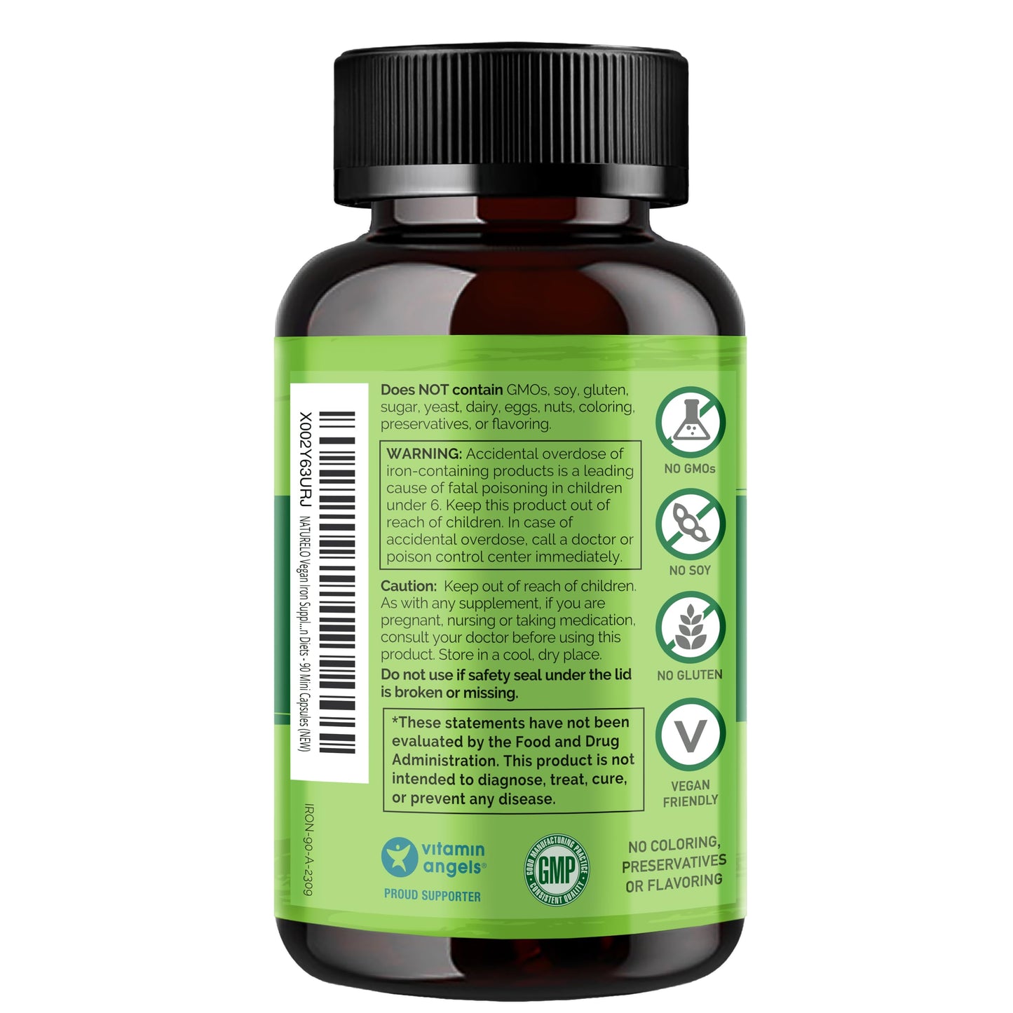 NATURELO Vegan Iron Supplement with Vitamin C and Organic Whole Foods 90 Capsules