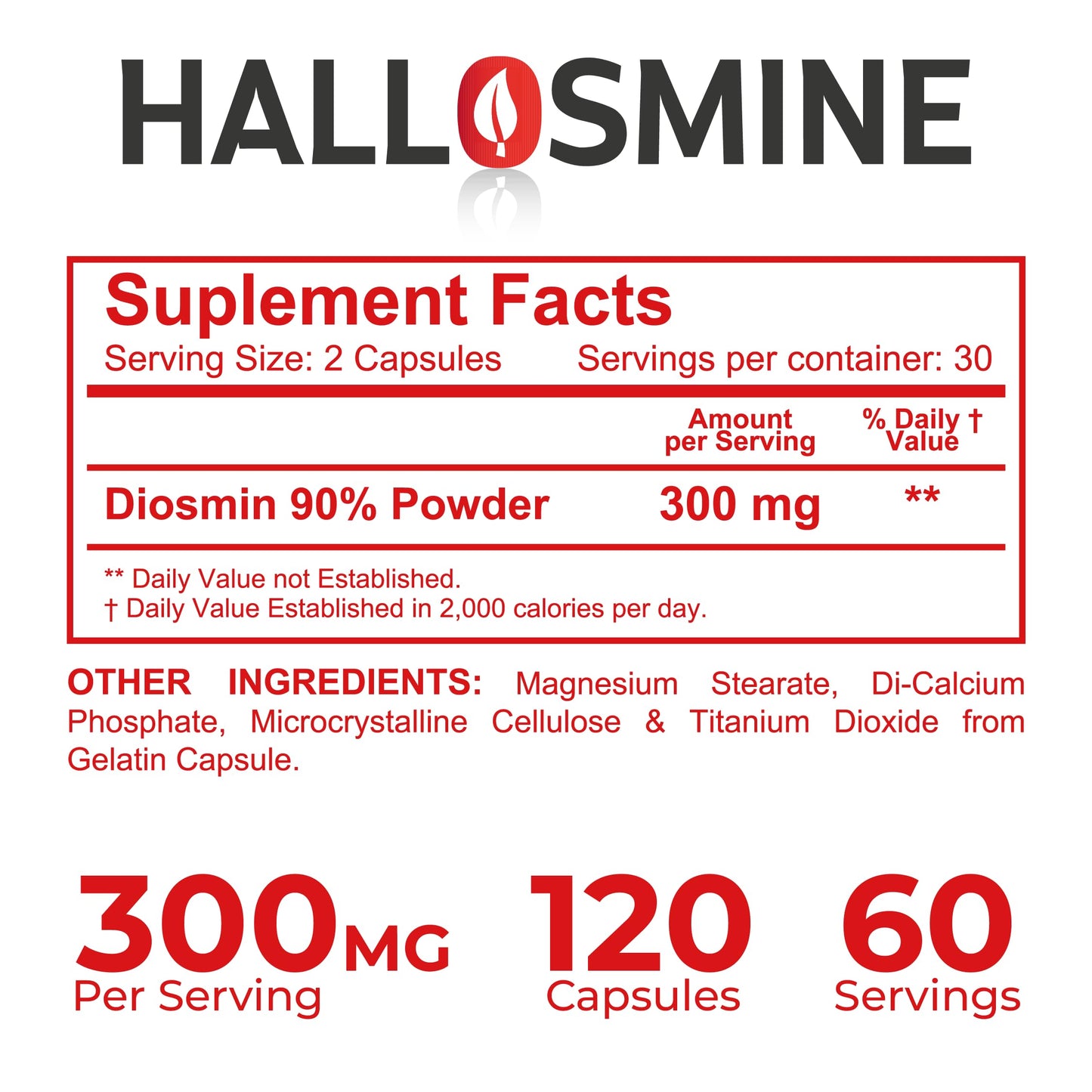 Hallusa Natural Hallosmine Diosmin 300mg Supplement, 120 Capsules