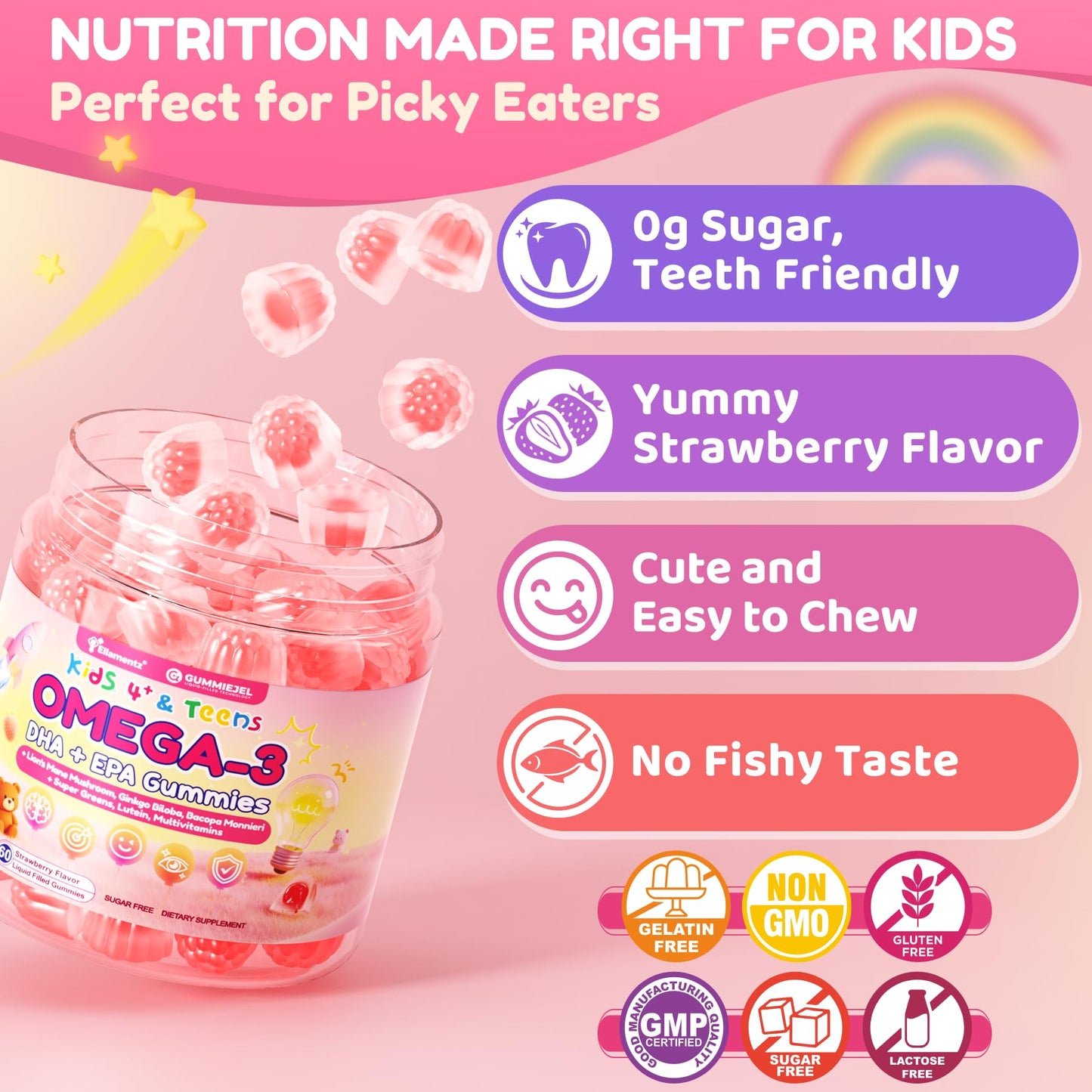ELLAMENTZ Omega 3 Gummies for Kids with DHA + EPA, Methyl B12, B9, D3, K2, 60 Count