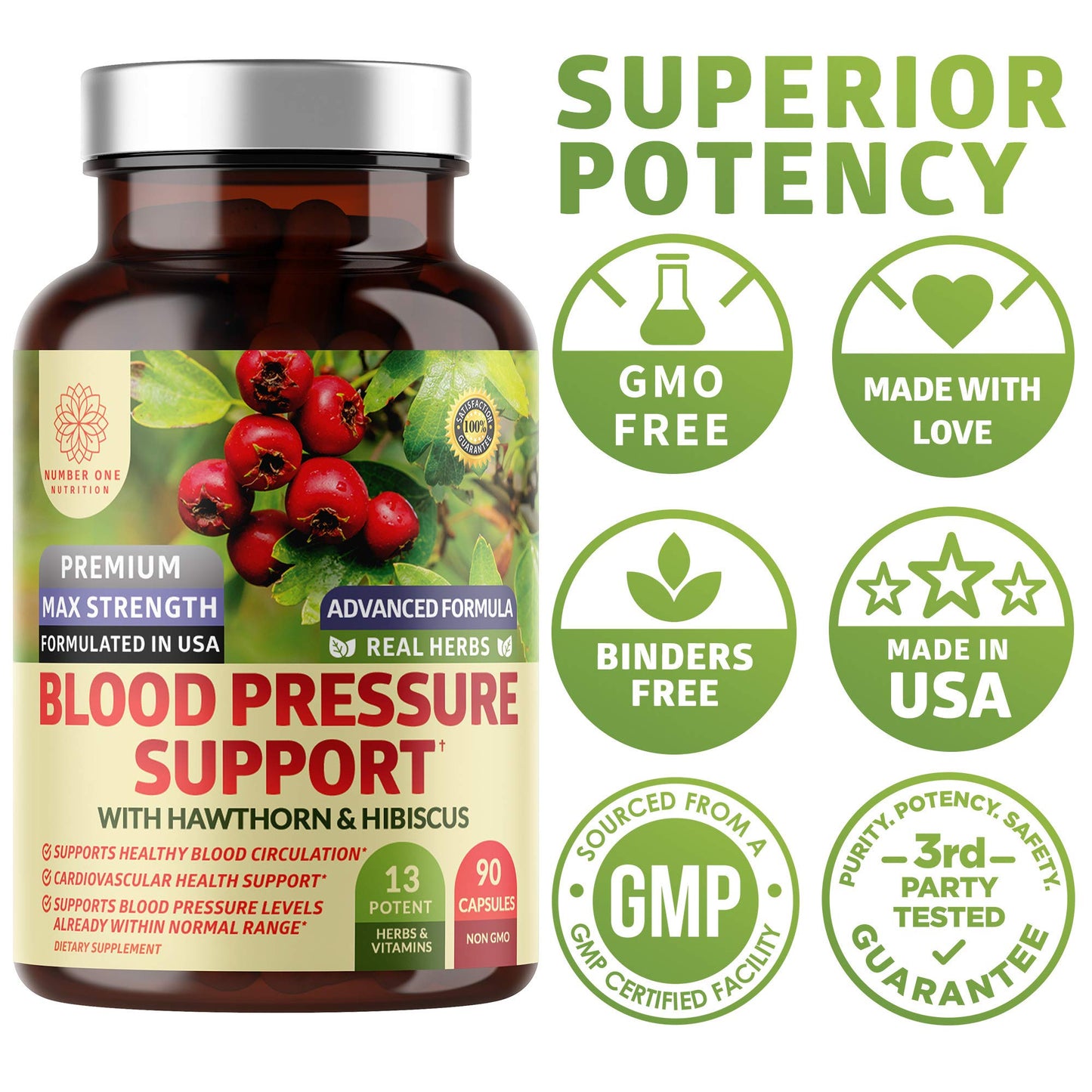 Number One Nutrition N1N Premium Blood Pressure Support with Hawthorn and Hibiscus Capsules 90