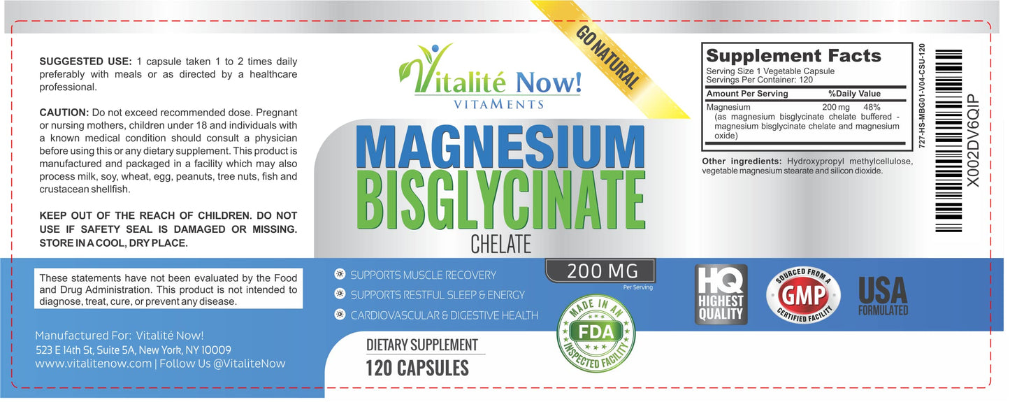 Vitalité Now! Magnesium Bisglycinate 120 Capsules