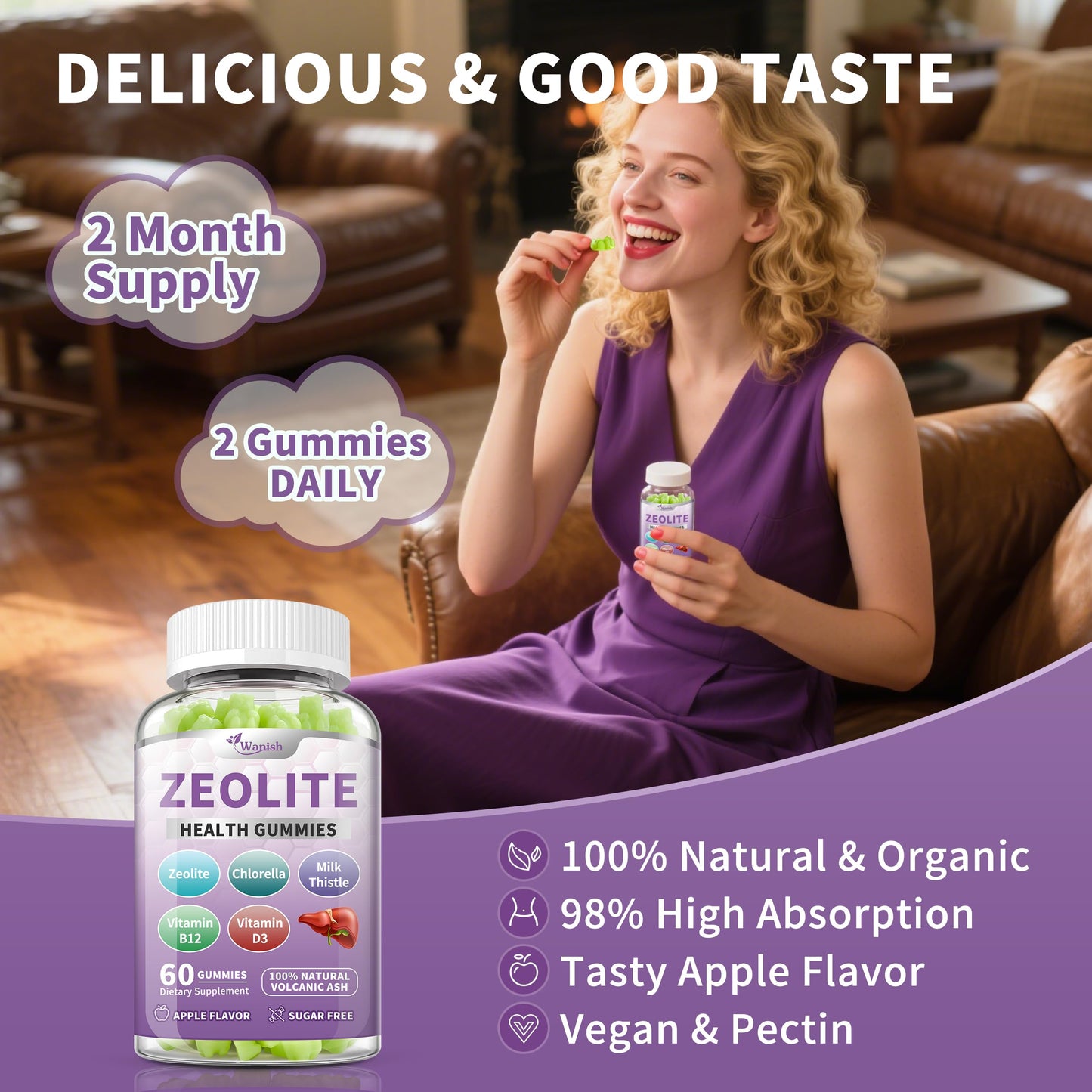 Wanish Zeolite Gummies for Adults with Clinoptilolite, Chlorella, Milk Thistle & Vitamins, 60 Gummies