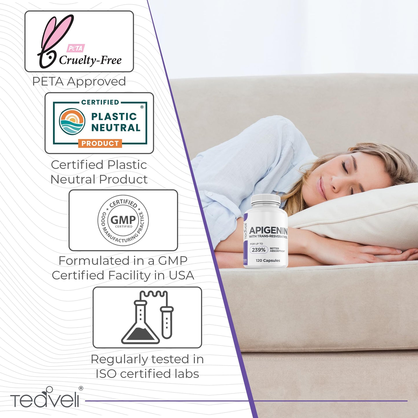 Teaveli Advanced Apigenin Supplement with Resveratrol for Superior Bioavailability 50mg Apigenin for Sleep Support Without Melatonin Complements Magnesium Threonate, L-Theanine Capsules, 120