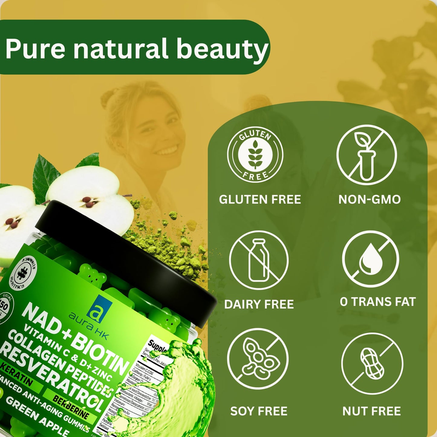 Aura HK NAD+ Biotin, Resveratrol, Berberine & Anti-Aging Gummies Apple Flavor, 120 Gummies