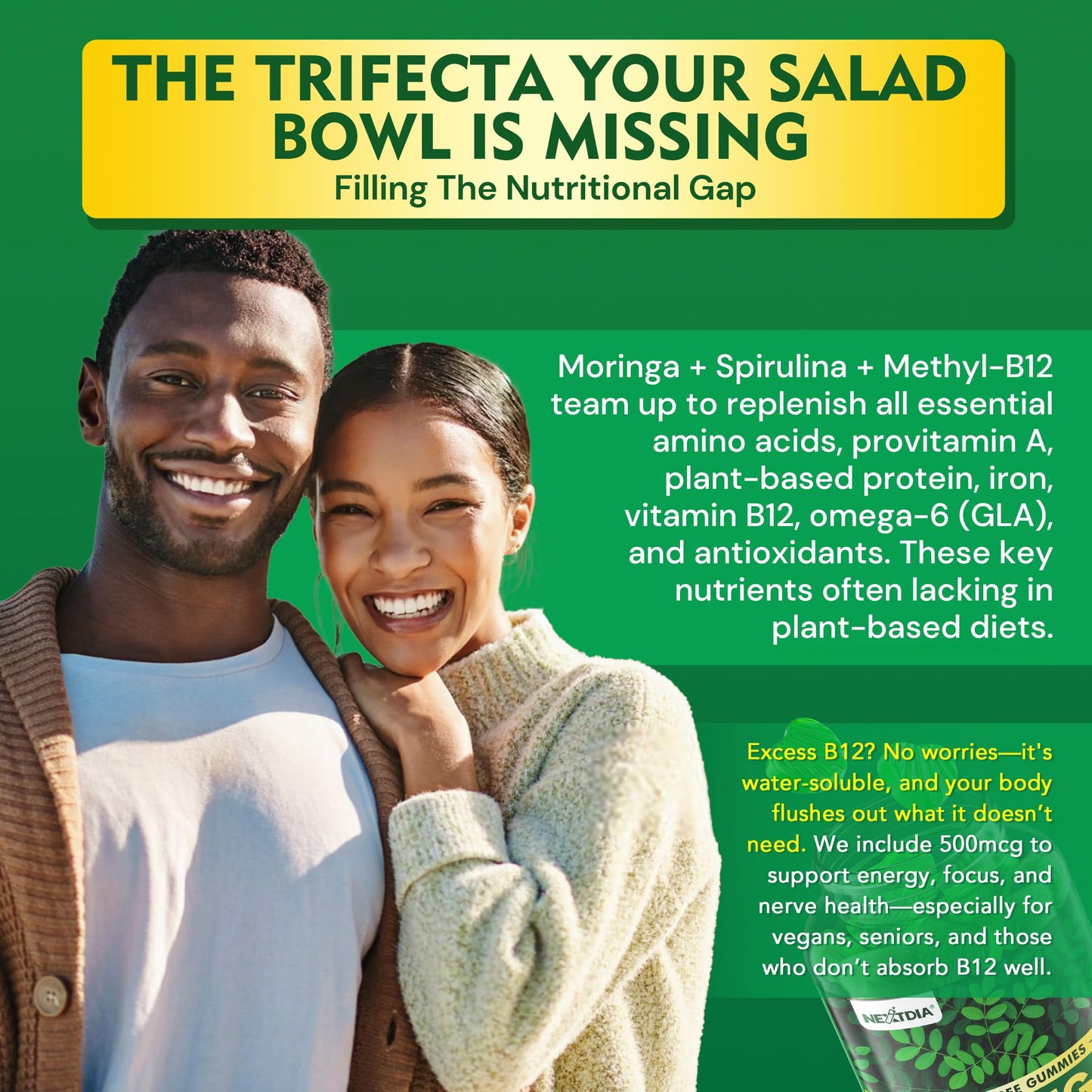 Nextdia Moringa Gummies 1000mg, Sugar-Free Superfood Gummies for Women & Men Gummy 120 Count