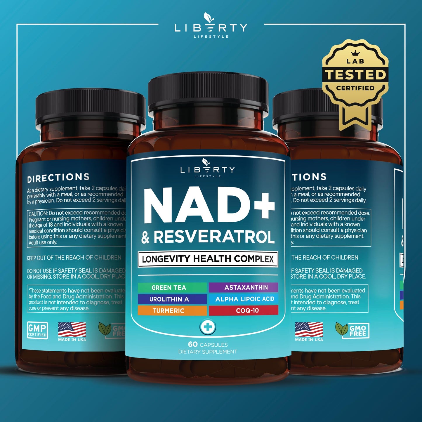 Liberty Lifestyle NAD+ Supplement Complex 300 mg with Astaxanthin, Urolithin A, Resveratrol, CoQ10 & Antioxidant Blend – Cellular Energy & Mitochondrial Support – Vegan, Non-GMO – 120 Capsules