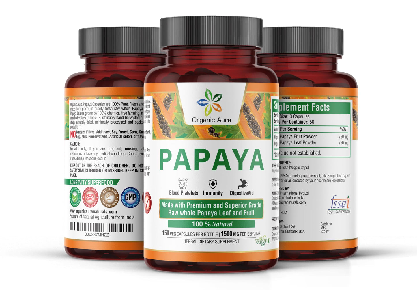 Organic Aura International Papaya Capsules with Benefits of Papaya Fruit & Papaya Leaf, 120 Veg HPMC Capsules