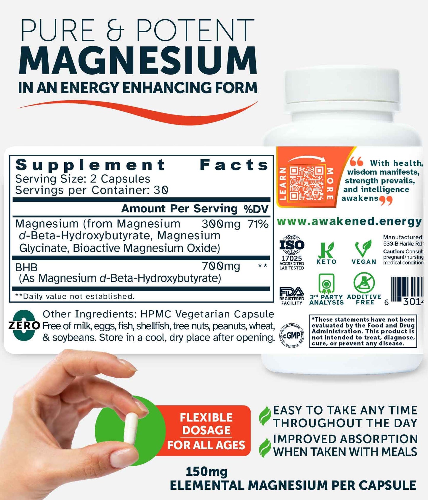 Awakened.energy Blissful MitoMag 300mg Elemental Magnesium Complex, Capsule, 60 Count