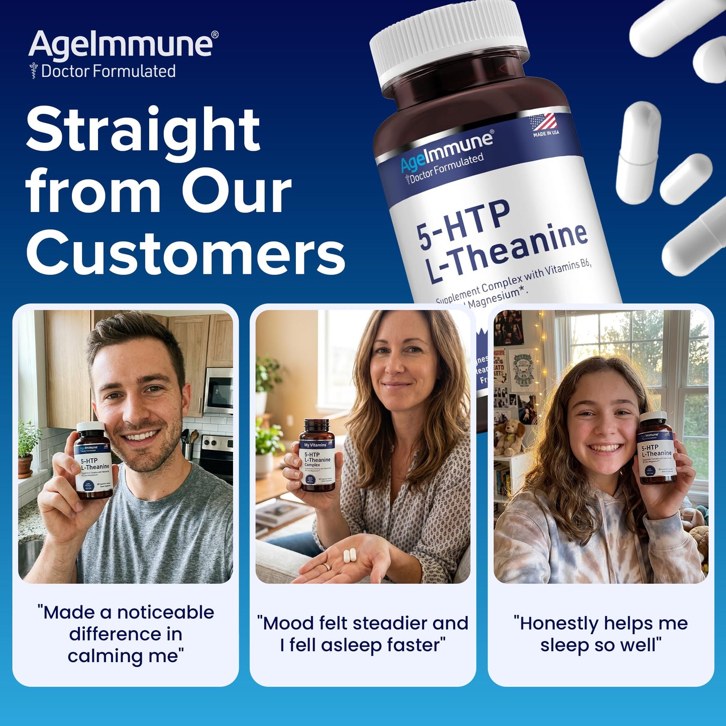 AgeImmune 5-HTP 100mg with L-Theanine 400 mg Formula for Stress Relief and Relaxation Support for Teens and Adults with Vitamins B6 - B12 and Magnesium Bisglycinate - Doctor Formulated – without stearates, 60 Capsules