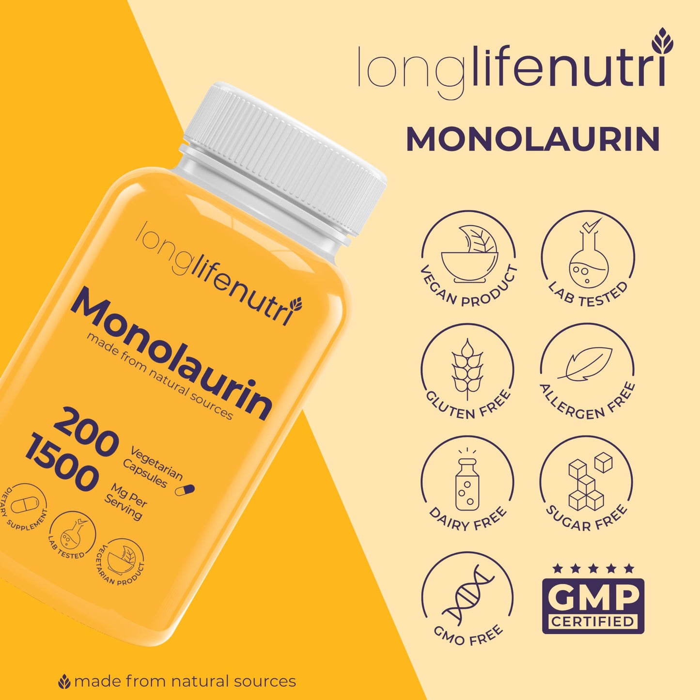 LongLifeNutri Monolaurin 1500mg Capsule 200 Count