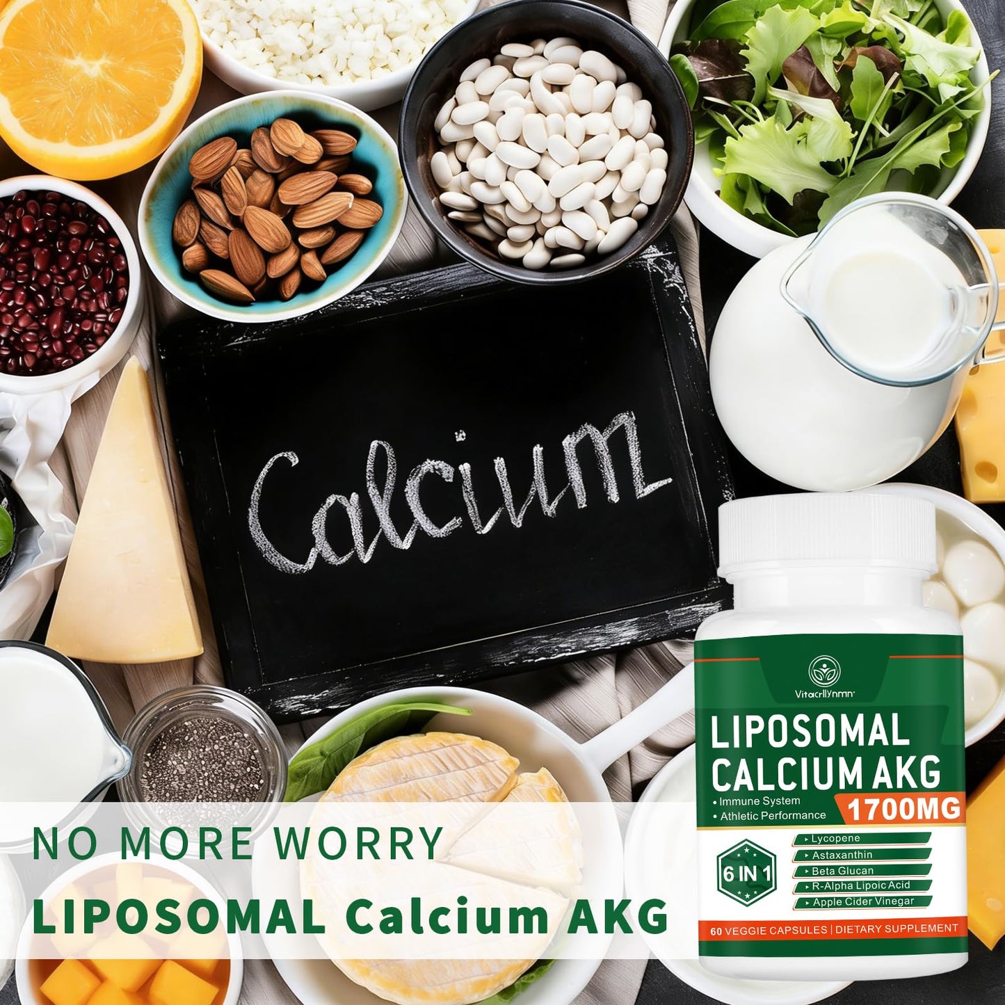 VITACRLLYNMN Liposomal Calcium AKG Supplement 1700 MG Capsule 60 Count