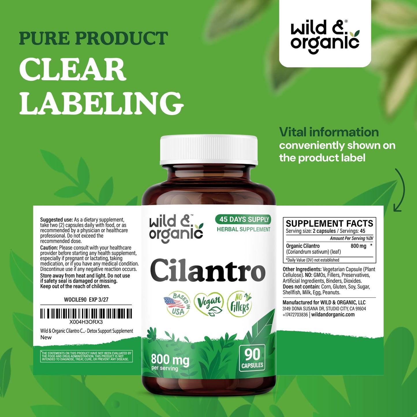 Wild & Organic Cilantro Capsules 800 mg - Detox Support, 90 Count