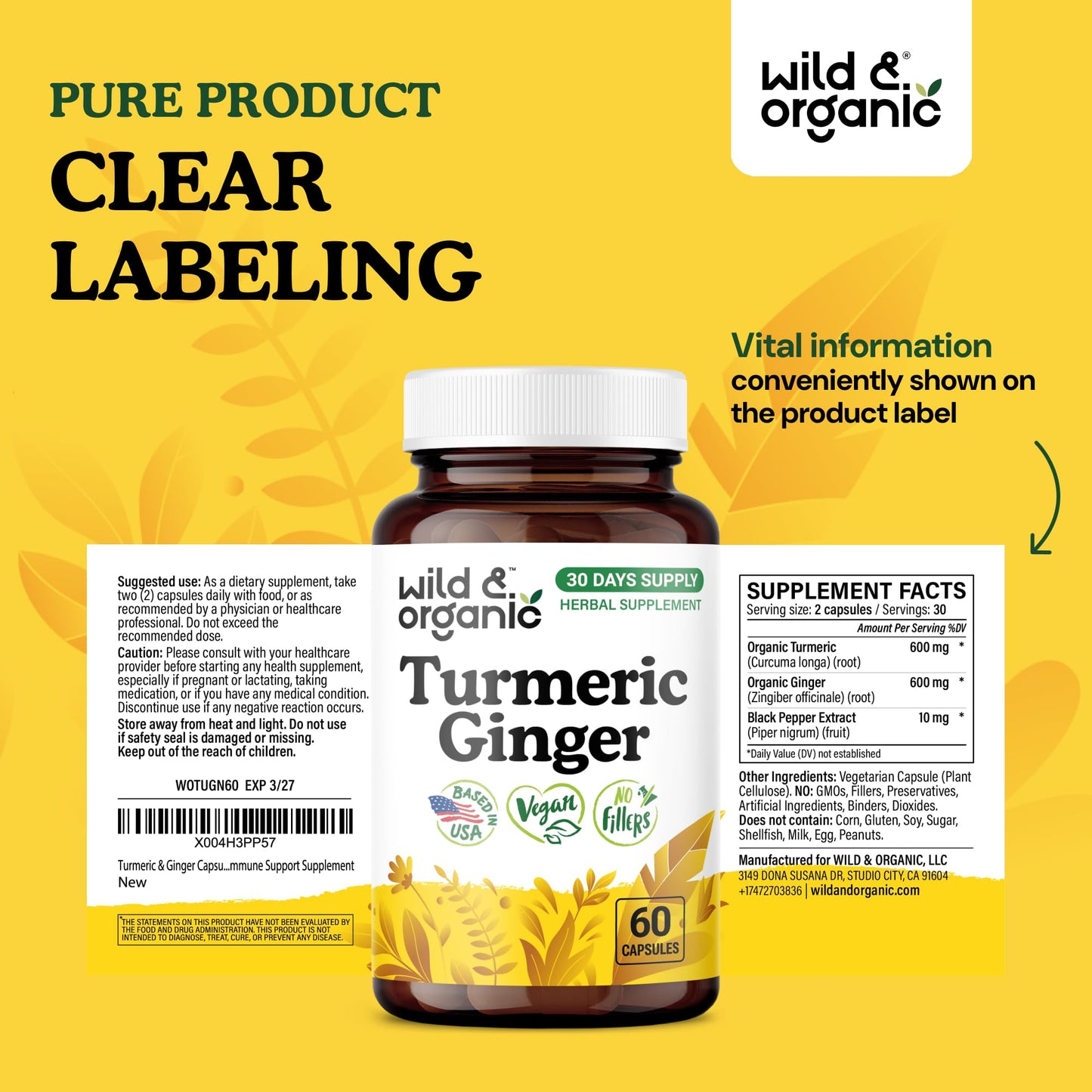 Wild & Organic Turmeric and Ginger Capsules 60 Count