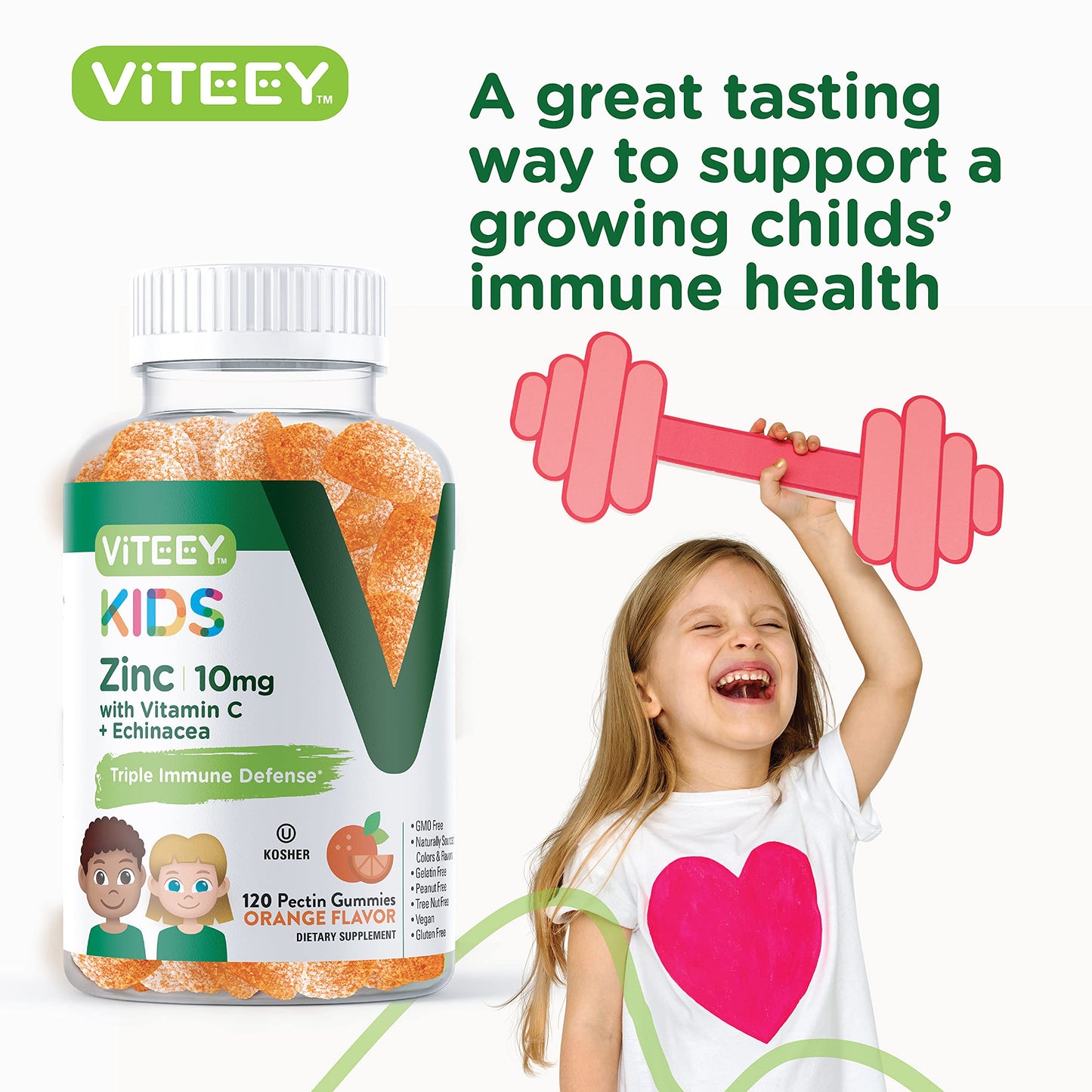 Viteey Zinc for Kids Gummies 10mg with Vitamin C & Echinacea, Immune Support, Vegan, Gelatin-Free, 120 Gummies