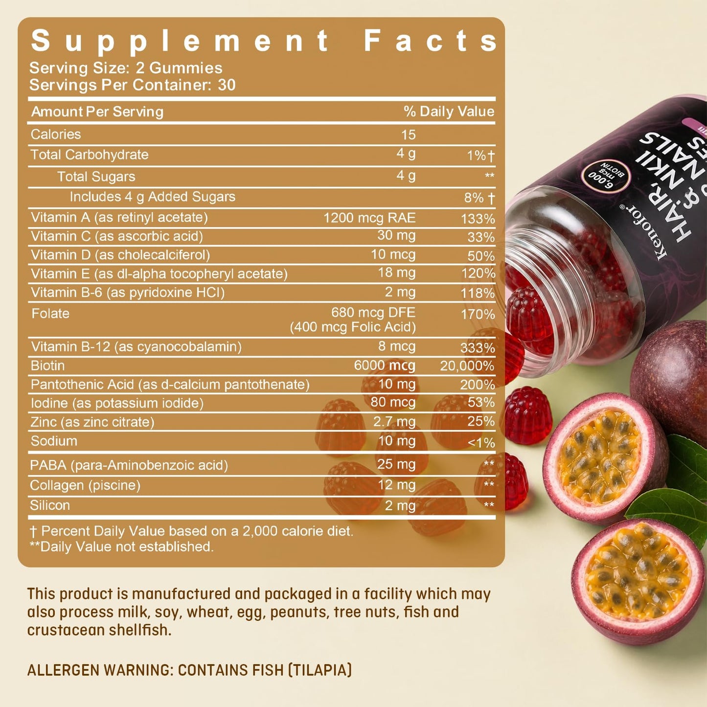 Kenofor Hair Skin and Nails Biotin Gummies (6000 mcg) with Zinc, Vitamin A, and Vitamin E, Passion Fruit Flavor, 60 Count