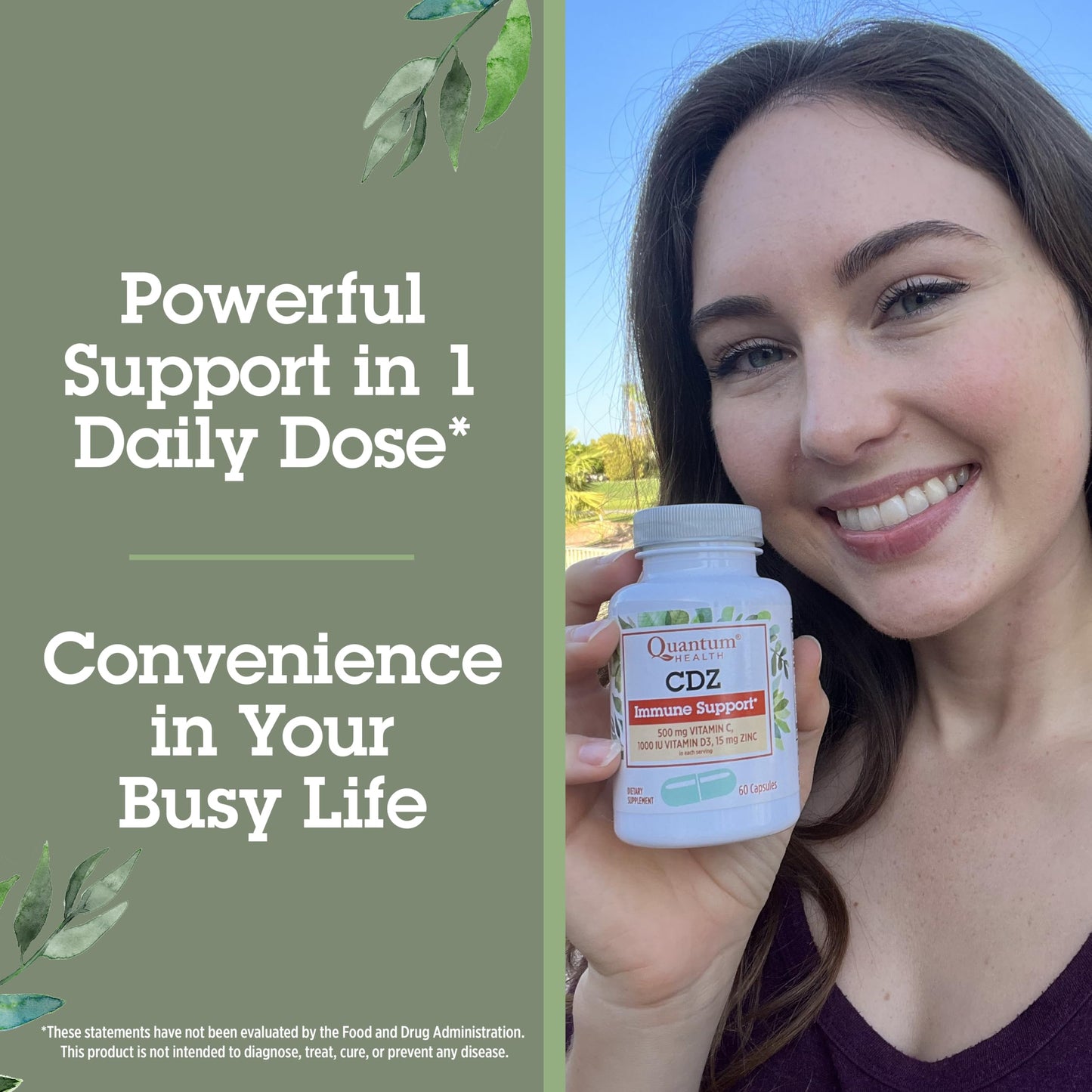 Quantum CDZ Immune Support Supplement Vitamin C 500 mg, Vitamin D 1000 IU Plus Zinc 15 mg Powerful Whole Body Wellness Support Complex - Daily Immunity Boost for Women & Men 60 Capsules