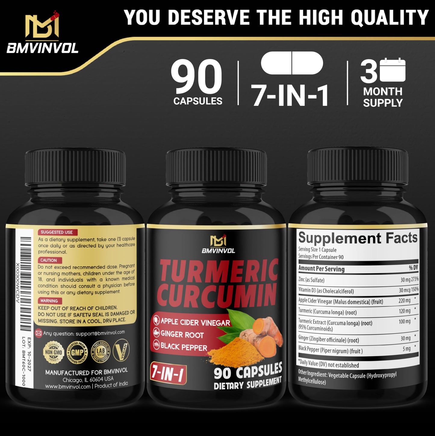 BMVINVOL Turmeric Curcumin with 95% Curcuminoids & Apple Cider Vinegar, Ginger Root & Black Pepper for Advanced Absorption Capsules, 90 Count