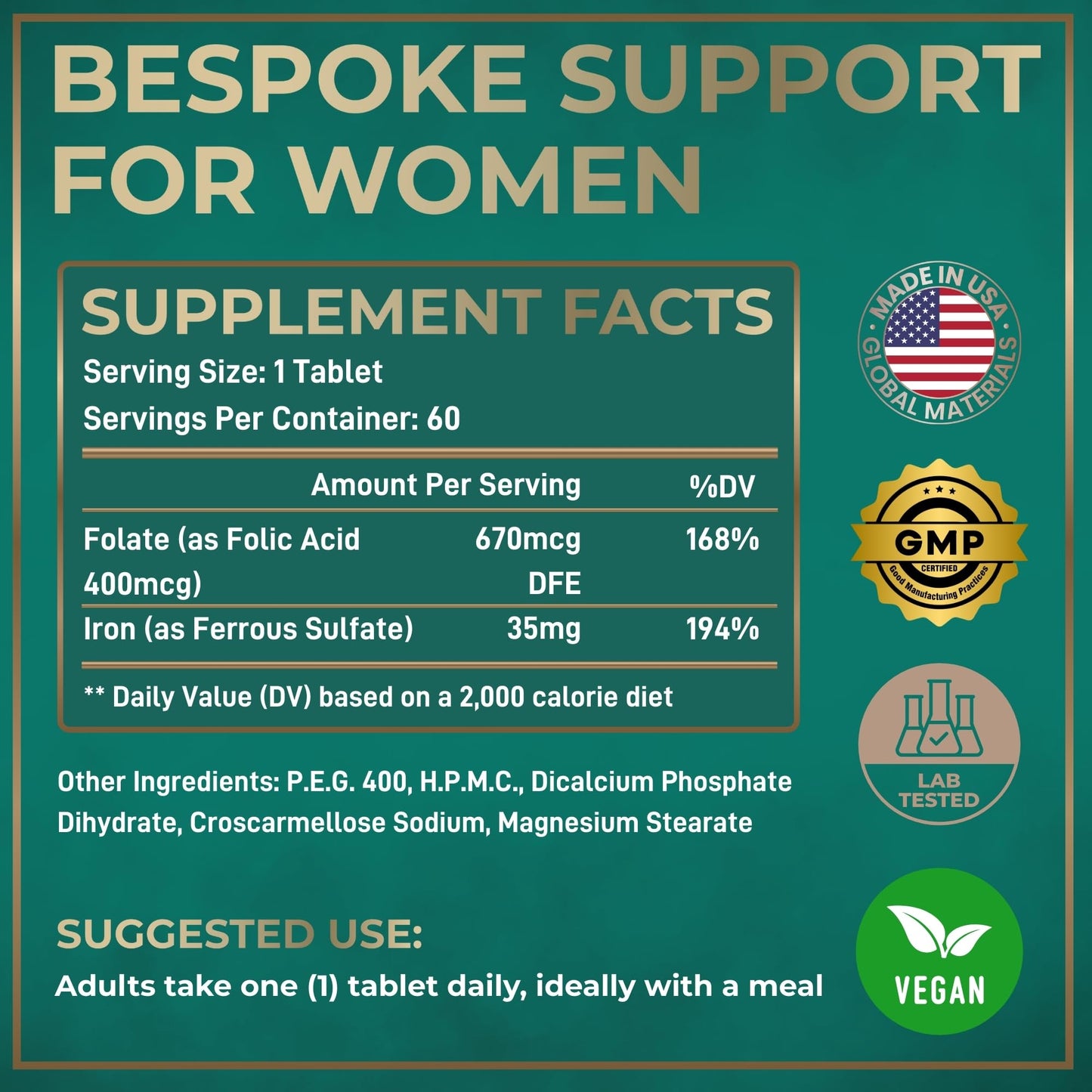 WILD FUEL Iron Supplement for Women with Folic Acid - 35 mg Ferrous Sulfate, Folic Acid 400 mcg, Gluten-Free, Vegan, 60 Tablets