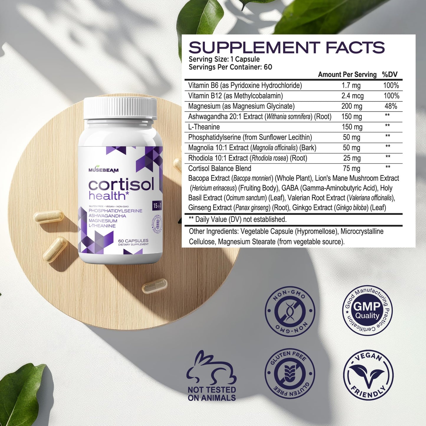 Musebeam Cortisol Detox Supplement for Women and Men - Magnesium Ashwagandha - Capsule, 60 Count