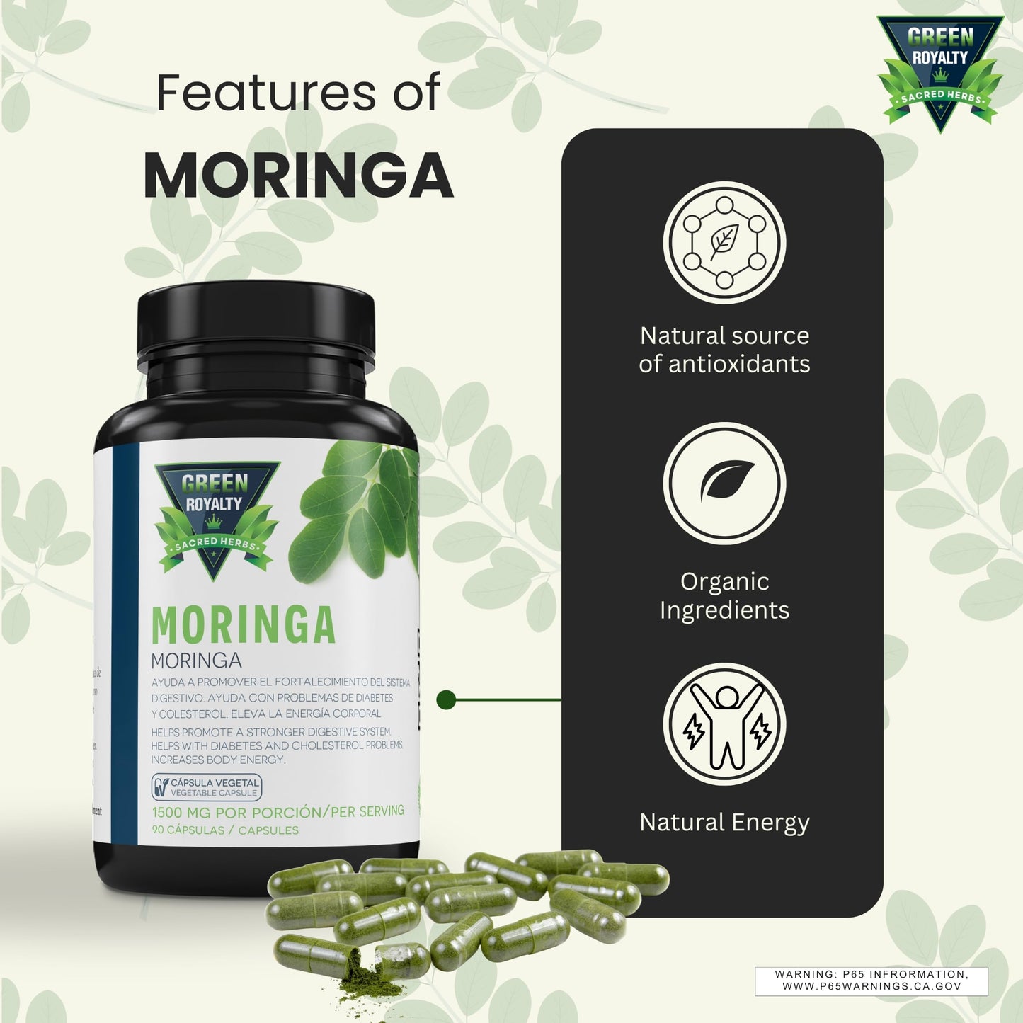 GREEN ROYALTY Moringa Capsules 1500 mg per Serving, 90 Capsules