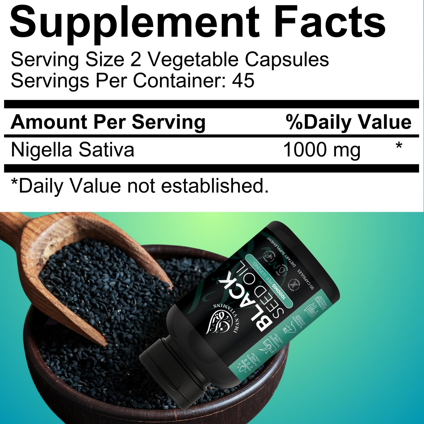 Iman Vitamins Black Seed Oil Capsules 1000mg, Cold Pressed, Vegan, Non-GMO, Gluten Free, Nigella Sativa, 90 Capsules